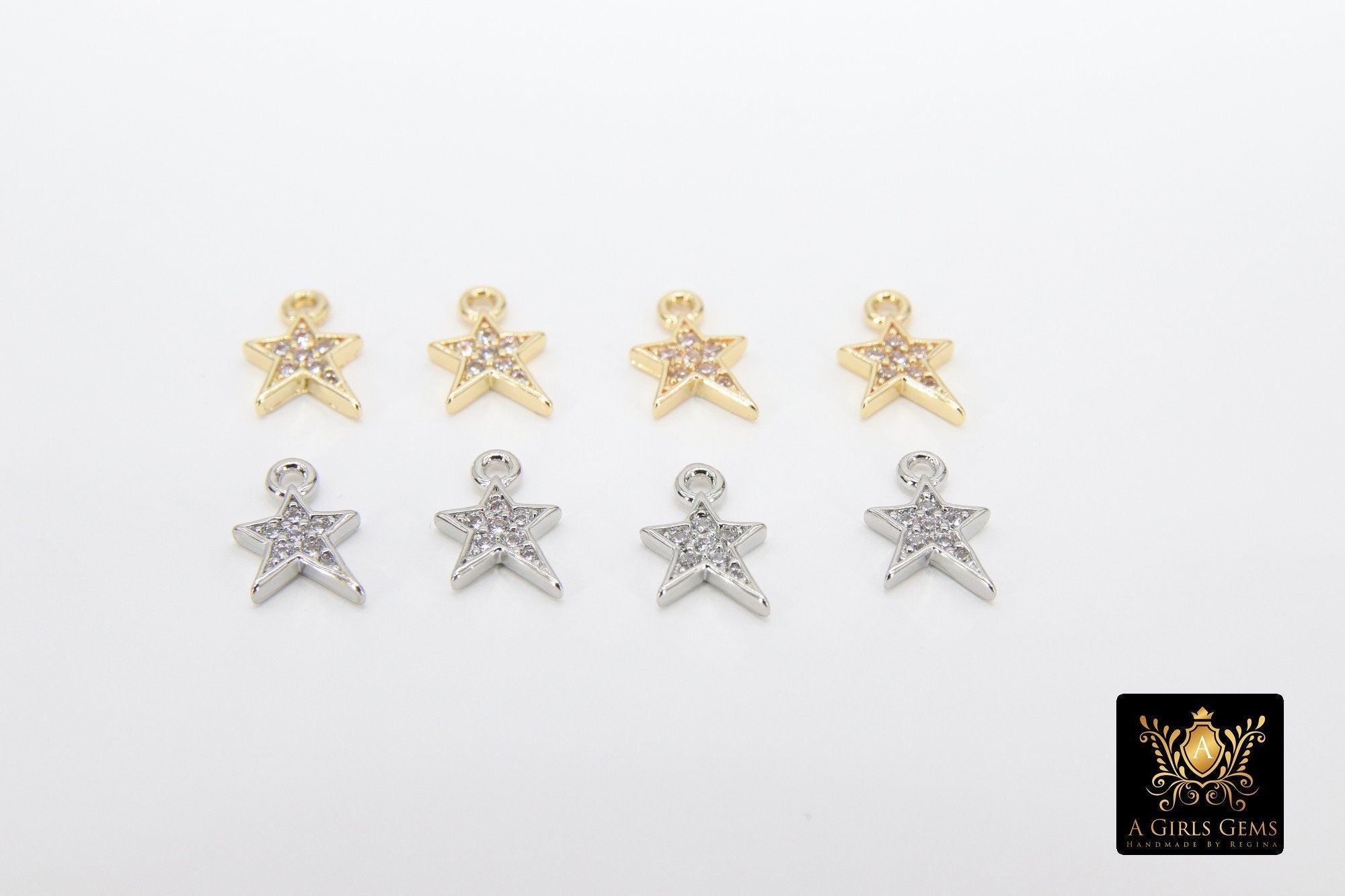 CZ Pave Gold Star Charms, 10 mm Silver Mini Star Dangles AG #3242, Cubic Zirconia Small Mini Starbursts