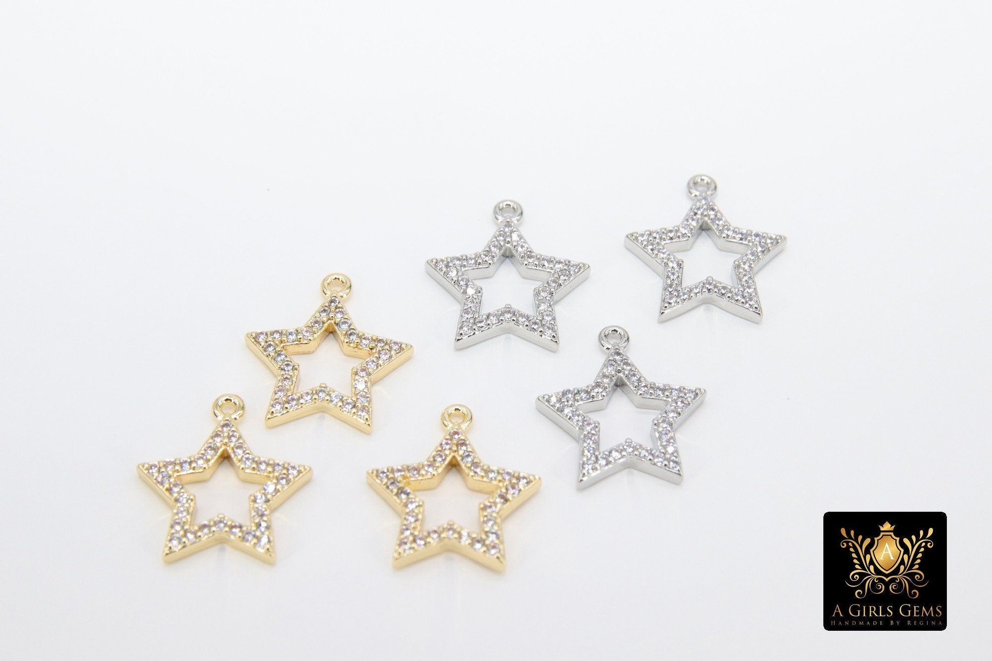 Cubic Zirconia Silver Star Charms, Small Gold Starbursts #3344, CZ Hollow Star Dangles