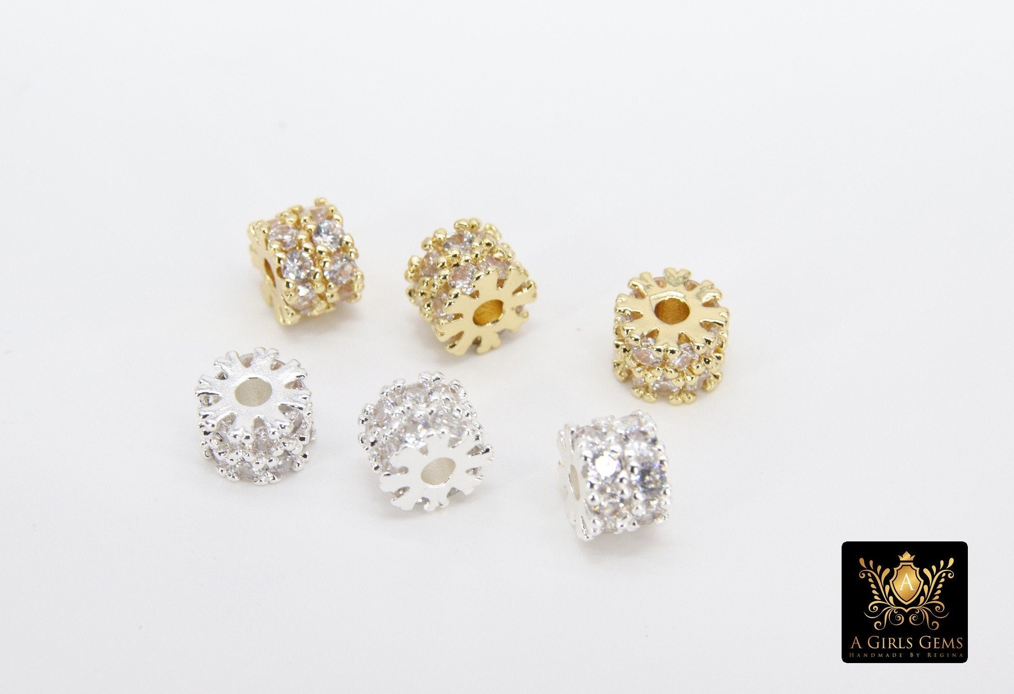 Gold Spacer Beads, 6 mm Silver CZ Rondelle Spacer Donuts Findings #3396, Thick Round Disc Wheels