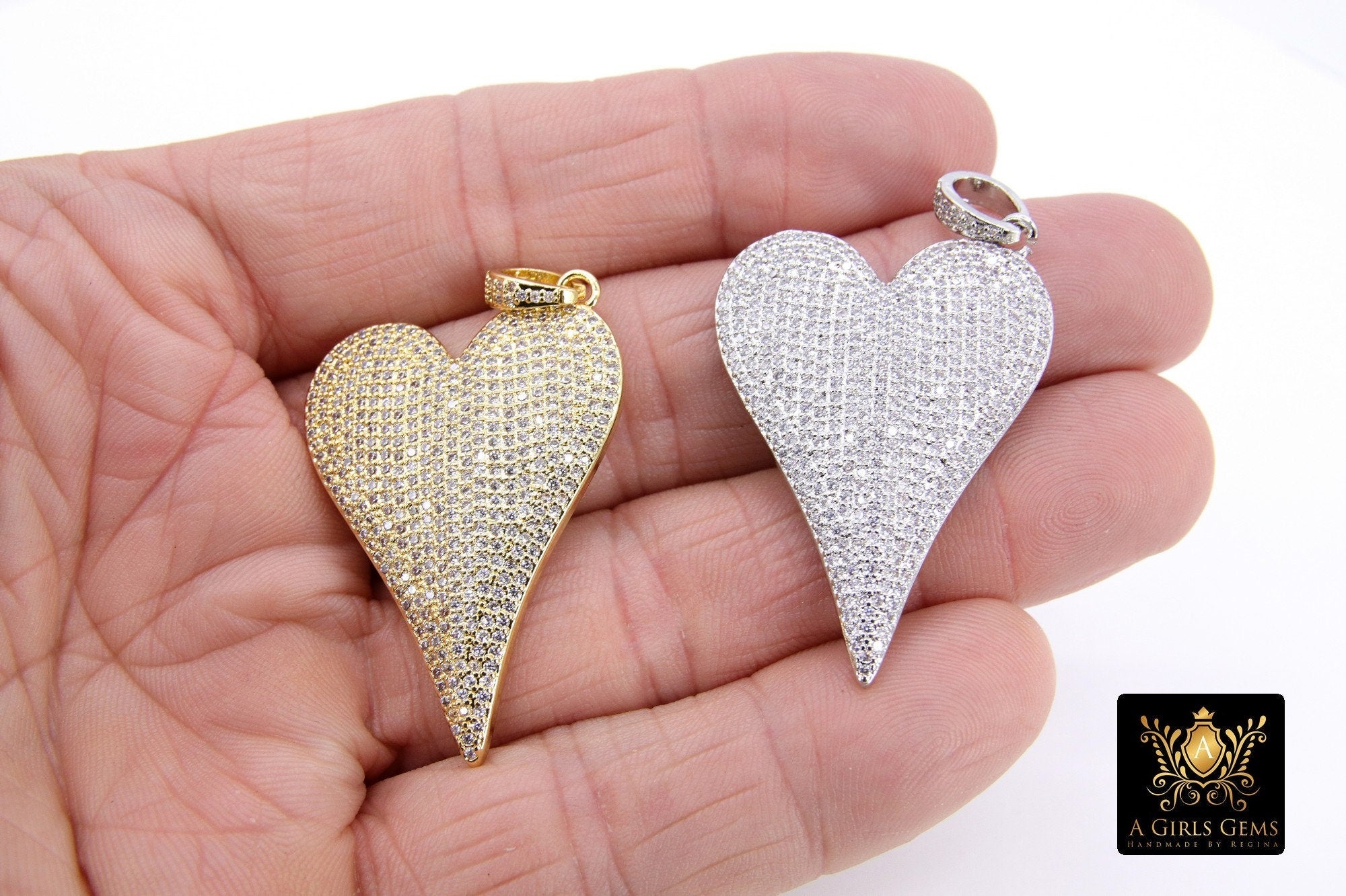 Gold CZ Heart Pendants, Silver Cubic Zirconia Heart Charms AG 397, Large Silver CZ Bail Jewelry Charms