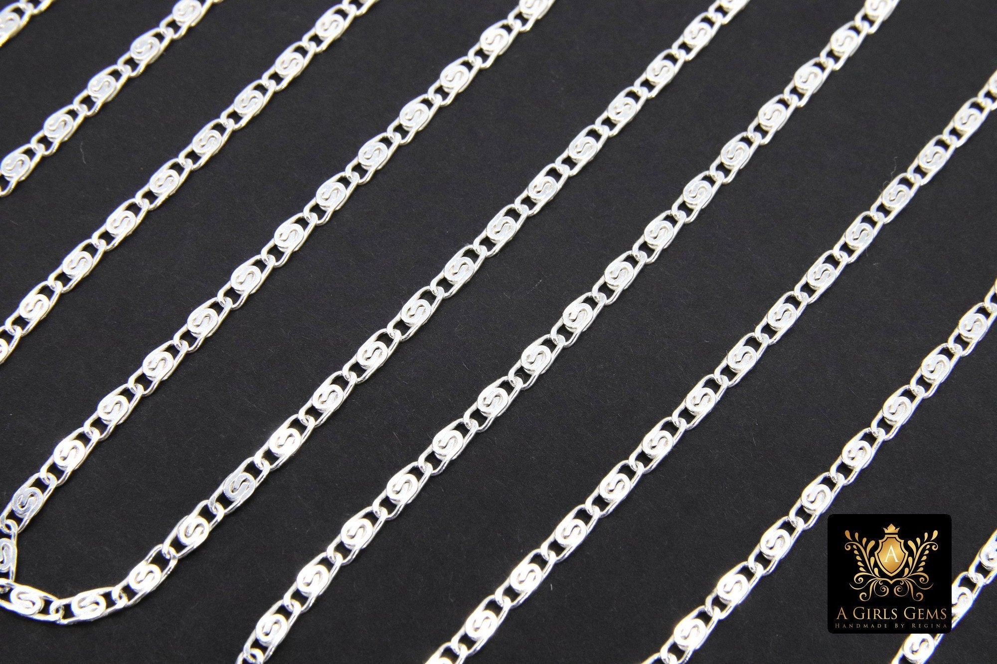 925 Sterling Silver Bar Chain, 6 mm Silver Sequin Chains CH #868, Silver Oval Scroll Bar Unfinished Lumachina Chains