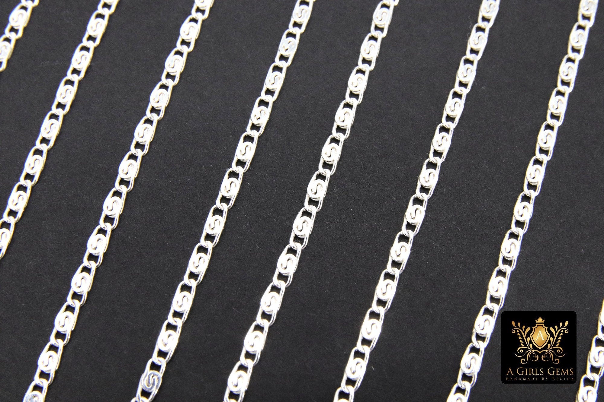 925 Sterling Silver Bar Chain, 6 mm Silver Sequin Chains CH #868, Silver Oval Scroll Bar Unfinished Lumachina Chains
