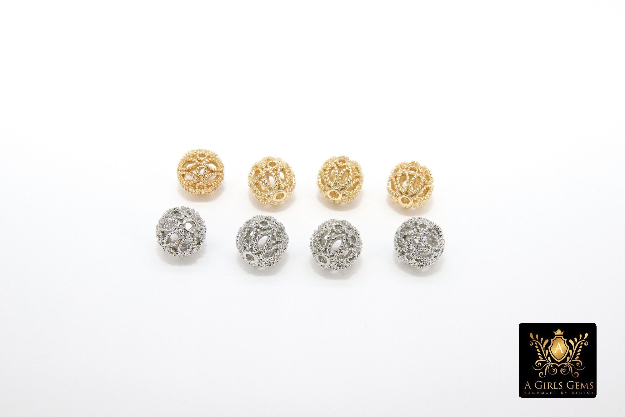 Gold Plated Round Filigree Beads, 5 Pc Patterned Silver Metal Beads #3352, Round High Quality 8 mm Focal Beads