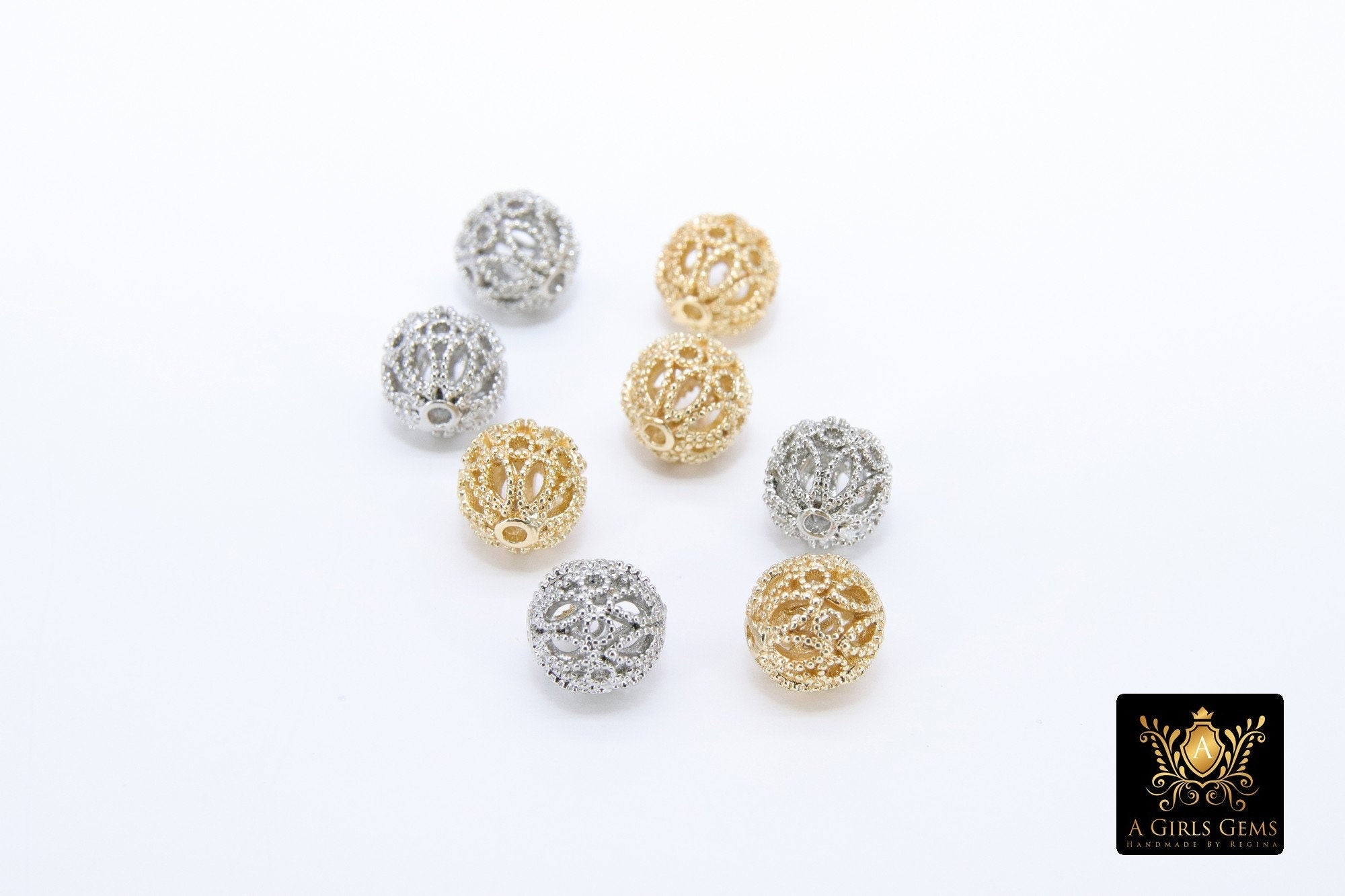 Gold Plated Round Filigree Beads, 5 Pc Patterned Silver Metal Beads #3352, Round High Quality 8 mm Focal Beads