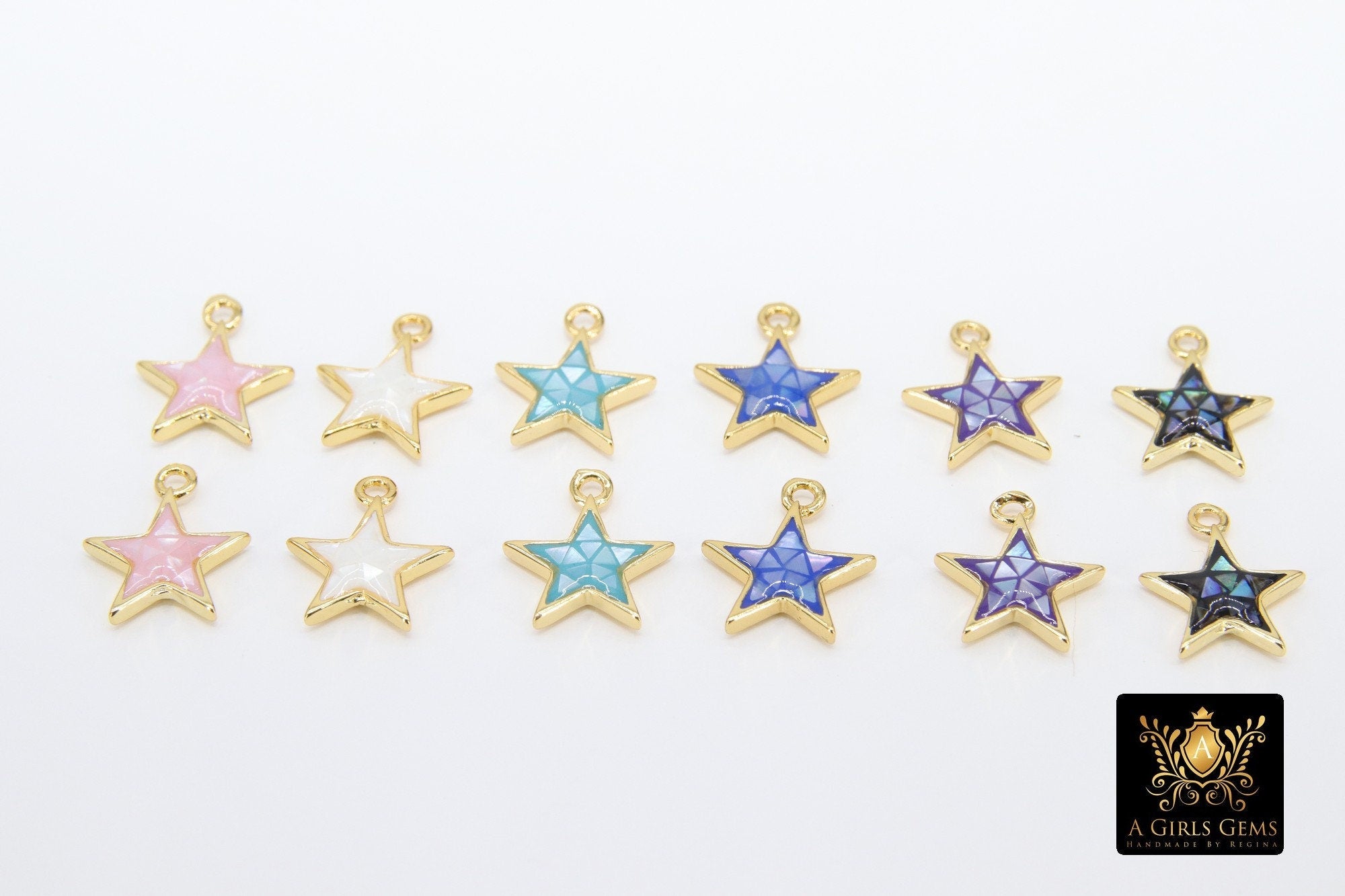 Gold Shell Star Charms, 13 mm Pink Starburst #3346, Blue Aqua White or Black Star Charms