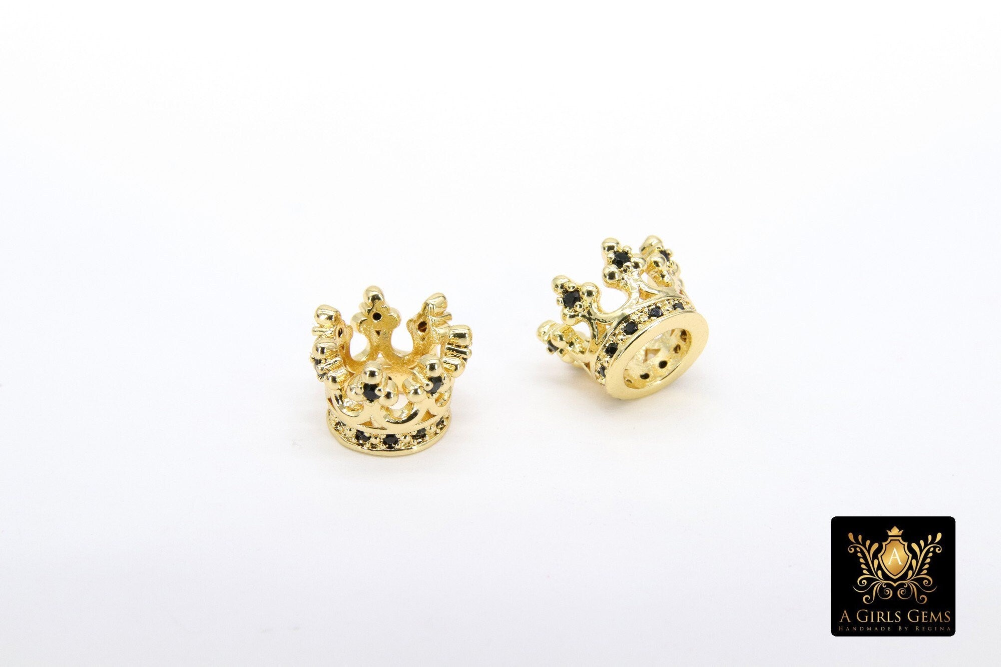 CZ Micro Pave Gold Crown Beads, Small Crown Shaped Beads #3368, Black CZ Queen Crown Spacers
