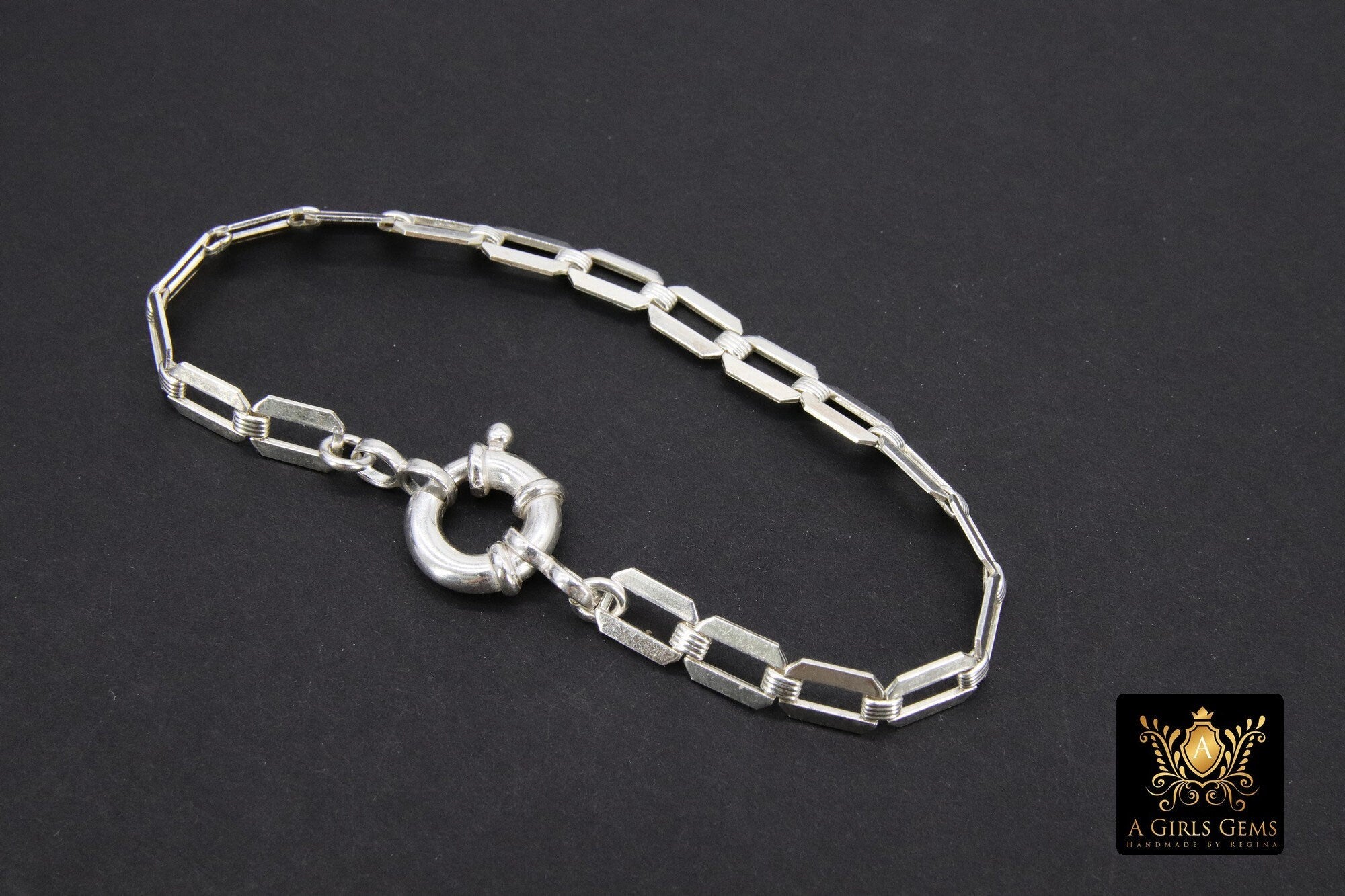 925 Sterling Silver Bracelet or Necklace, Rectangle Chunky Designer Chain #2626, Large Sailor Clasp Paperclip Choker