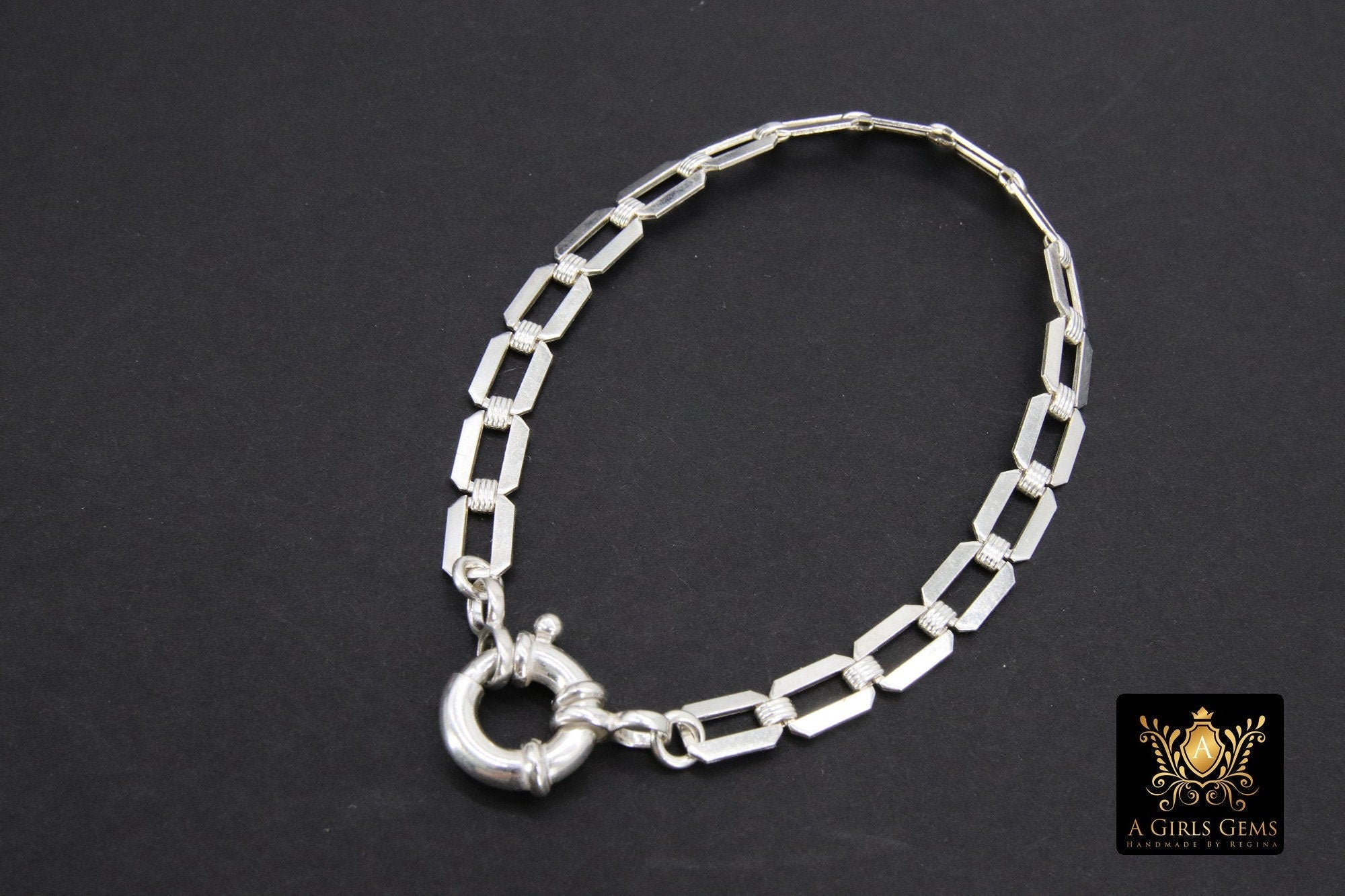 925 Sterling Silver Bracelet or Necklace, Rectangle Chunky Designer Chain #2626, Large Sailor Clasp Paperclip Choker
