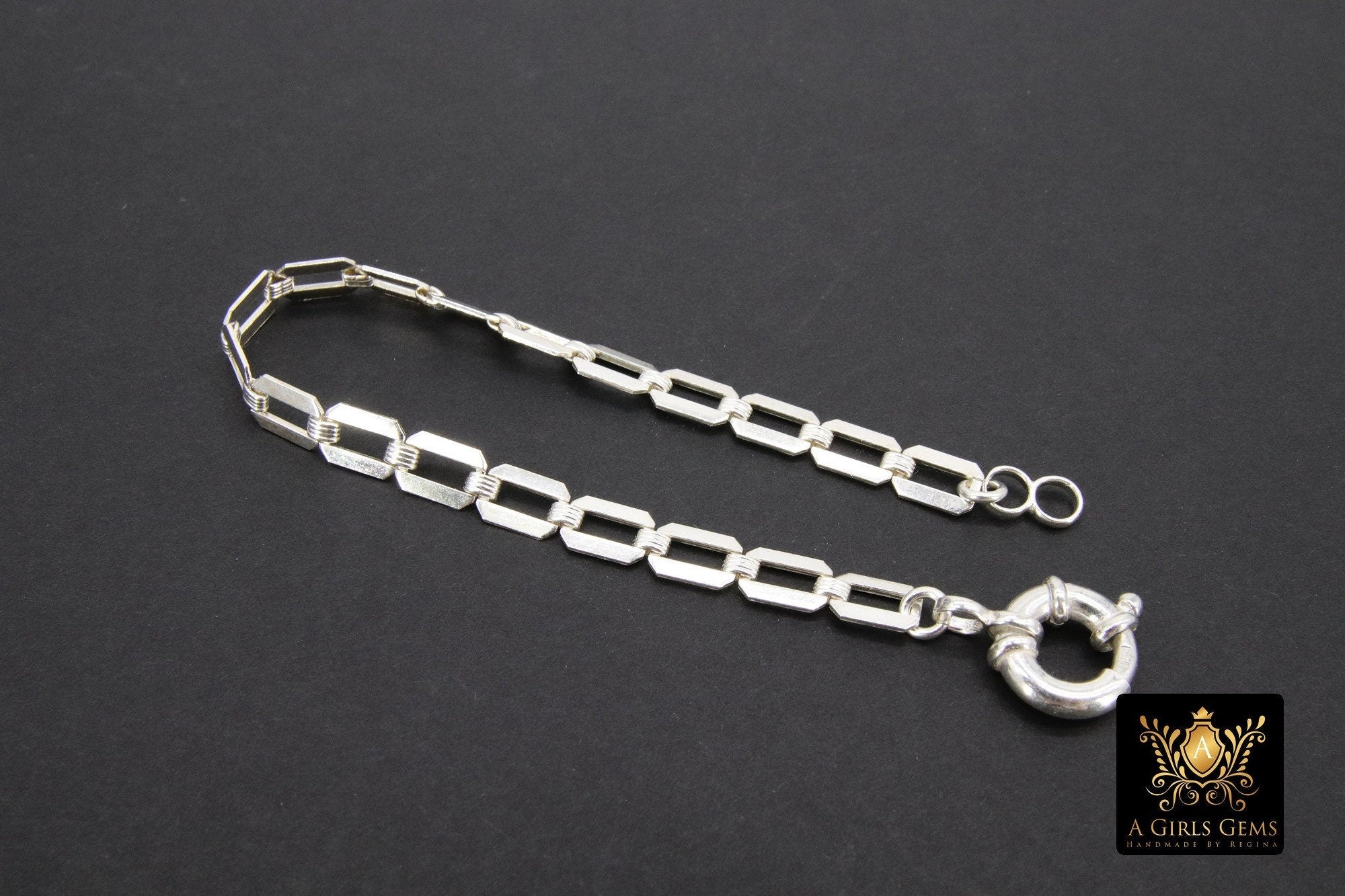 925 Sterling Silver Bracelet or Necklace, Rectangle Chunky Designer Chain #2626, Large Sailor Clasp Paperclip Choker