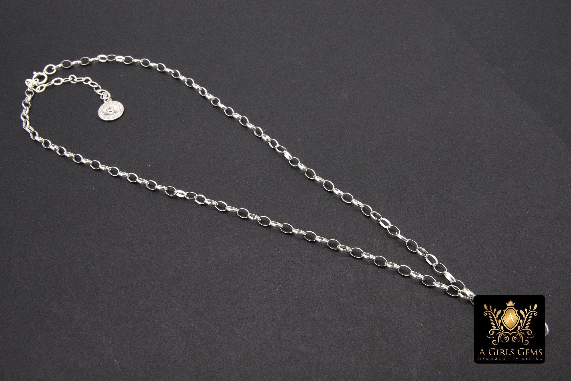 925 Sterling Silver Swivel Fob Rolo Necklace, Silver Oval Thick Rolo Chain Adjustable Choker #938, Charm Necklace