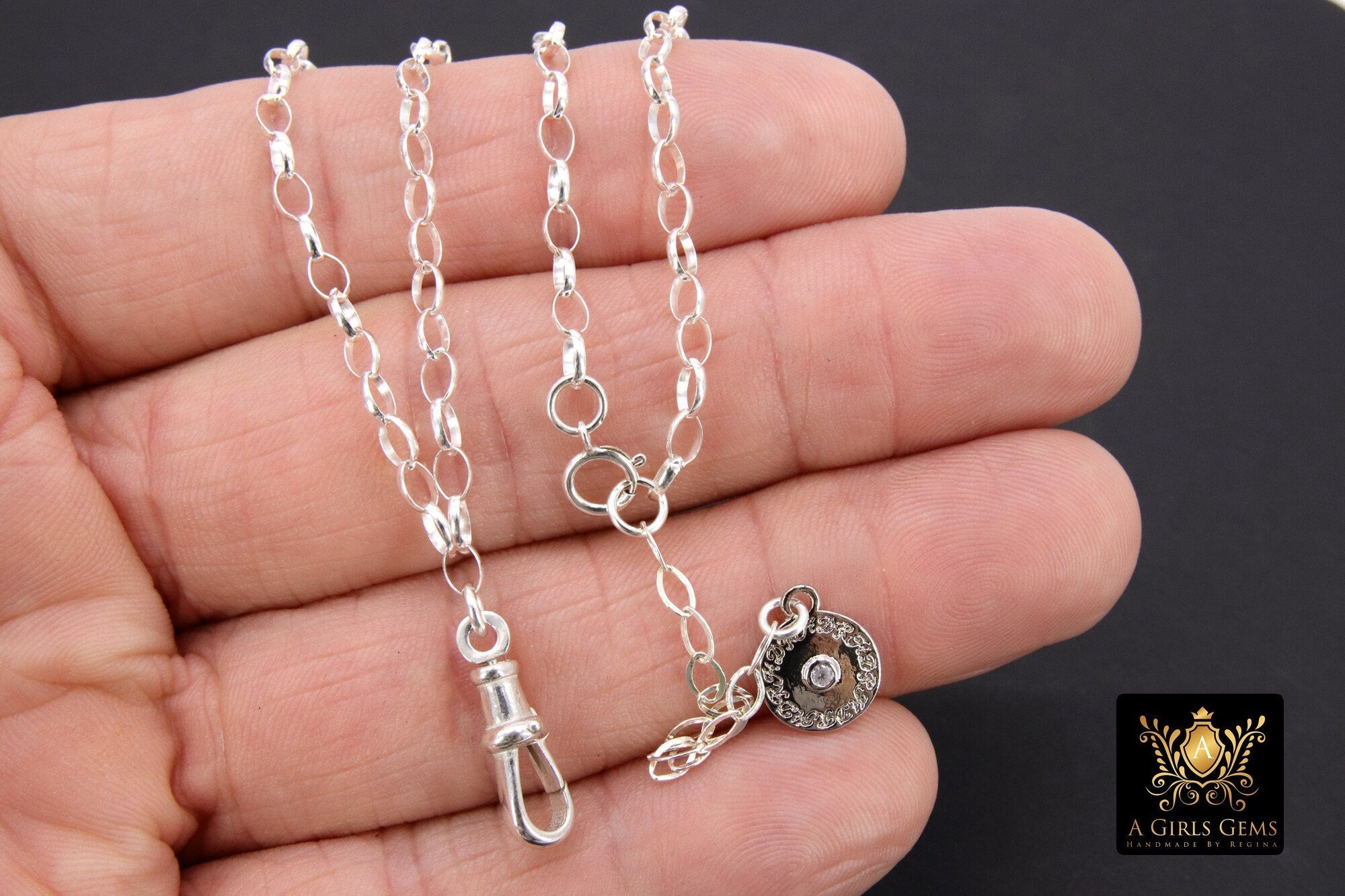 925 Sterling Silver Swivel Fob Rolo Necklace, Silver Oval Thick Rolo Chain Adjustable Choker #938, Charm Necklace