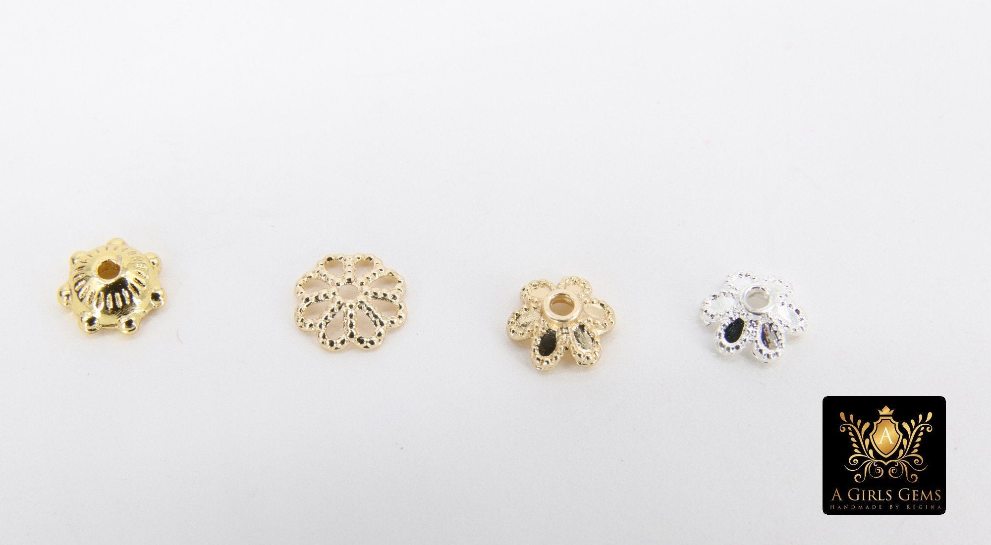 Gold Bead Caps, 6 mm Silver Bead End Caps Styles #3419, Round Petal Star Discs