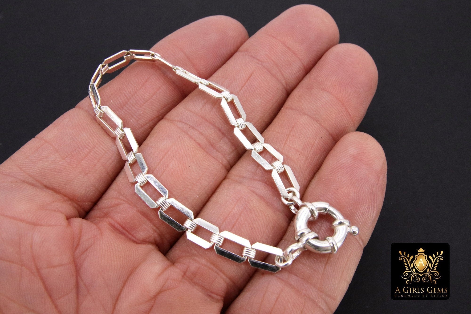 925 Sterling Silver Bracelet or Necklace, Rectangle Chunky Designer Chain #2626, Large Sailor Clasp Paperclip Choker