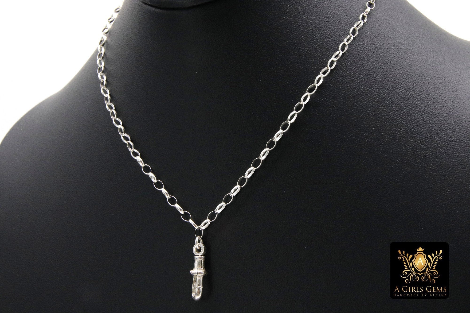 925 Sterling Silver Swivel Fob Rolo Necklace, Silver Oval Thick Rolo Chain Adjustable Choker #938, Charm Necklace