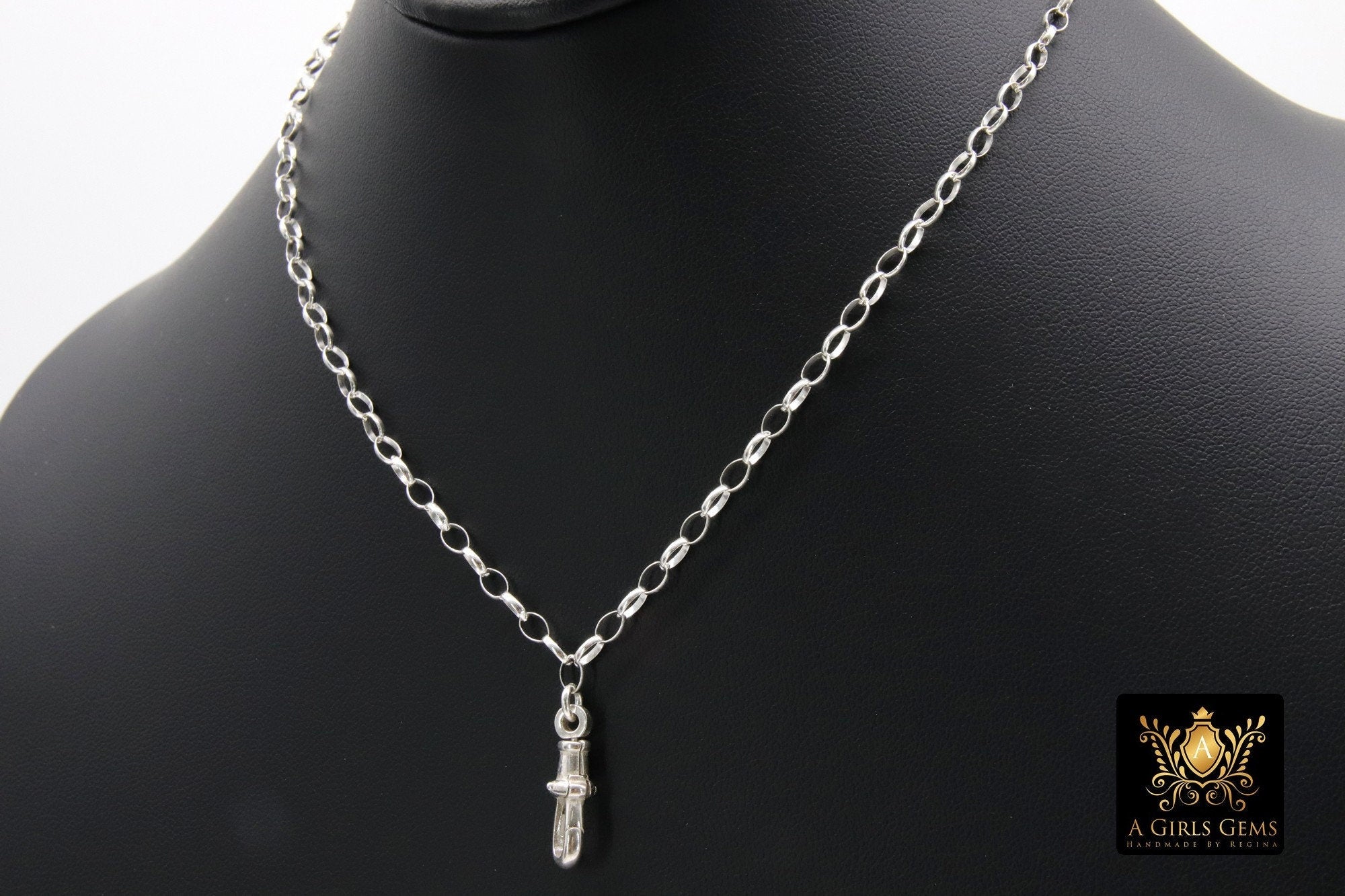 925 Sterling Silver Swivel Fob Rolo Necklace, Silver Oval Thick Rolo Chain Adjustable Choker #938, Charm Necklace