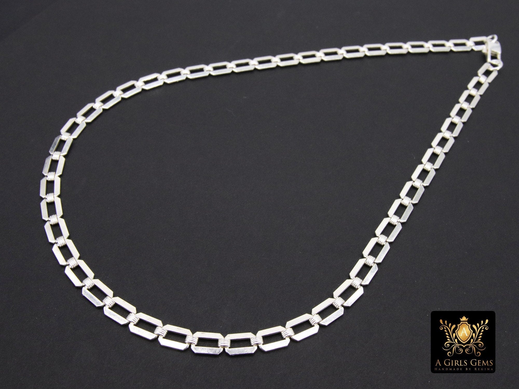 925 Sterling Silver Necklace, Rectangle Chunky Designer Chain Choker #2626, Silver Large Paperclip Link Choker