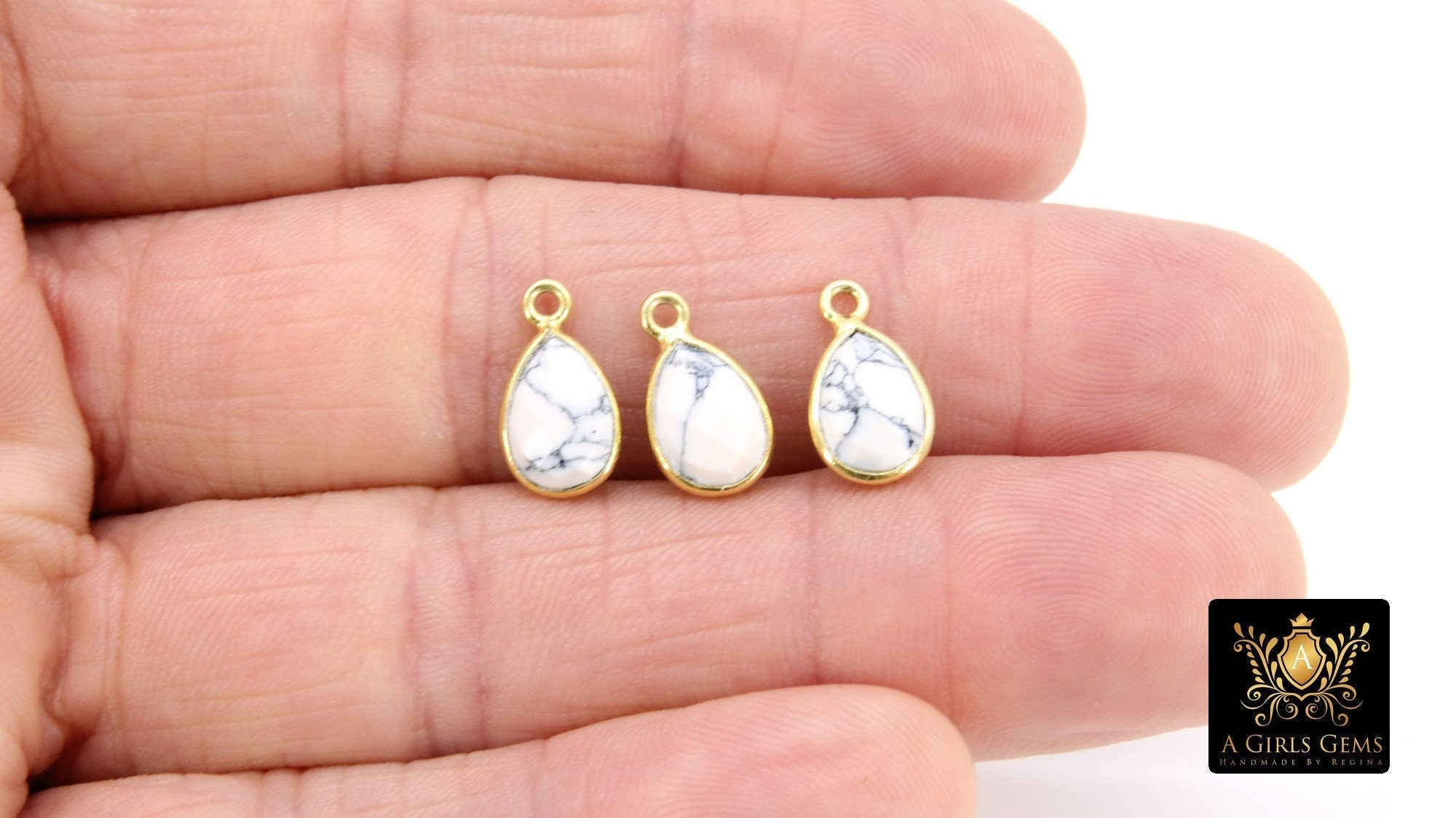 White Turquoise Teardrop Charms, Gold Oval White Howlite Gemstones #3434, Gold Over Sterling Silver Birthstone Pendants