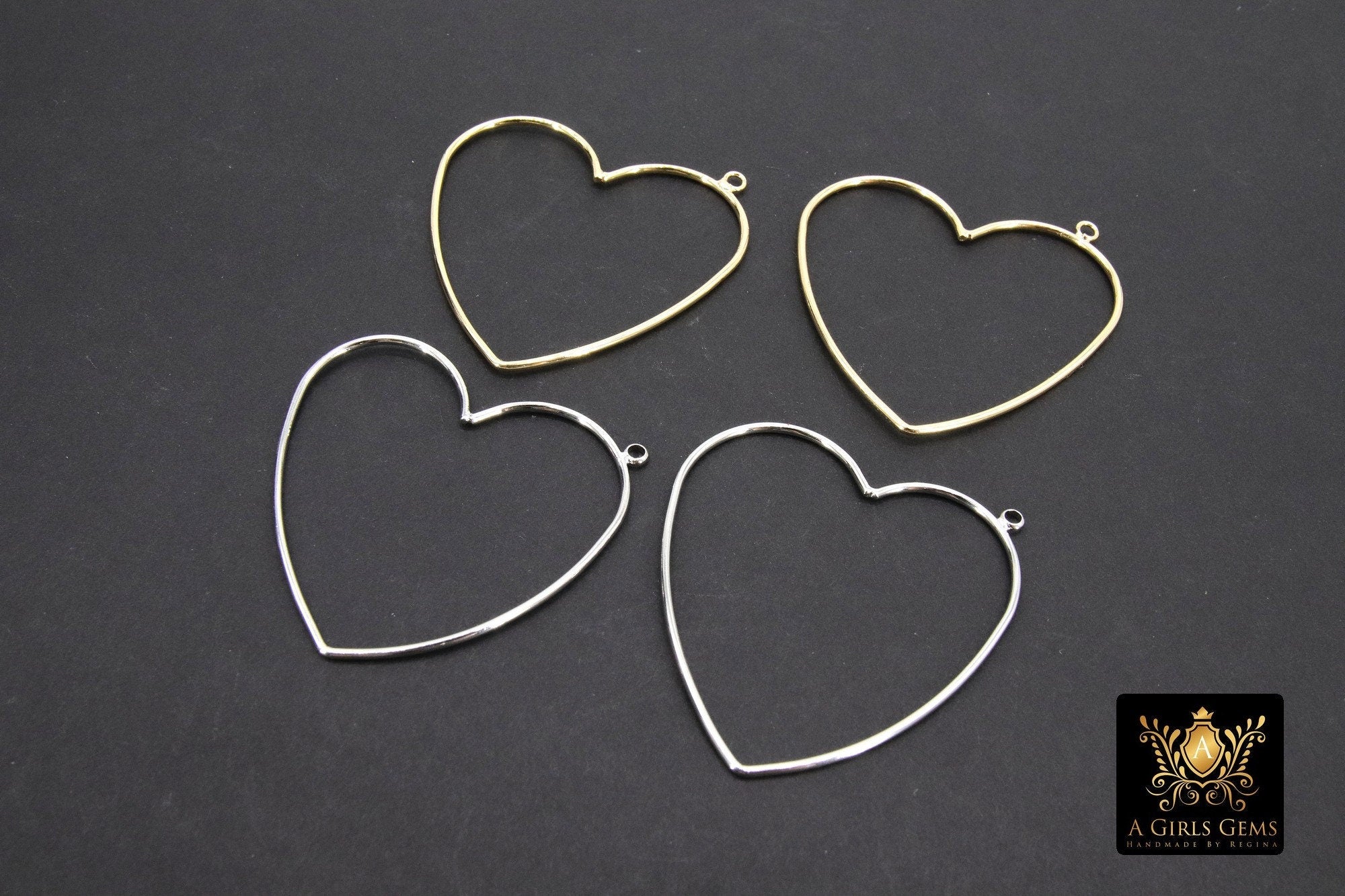 Gold Heart Hoop Ear Rings, 42 mm Silver Heart Shaped Gold Charms #946, High Quality