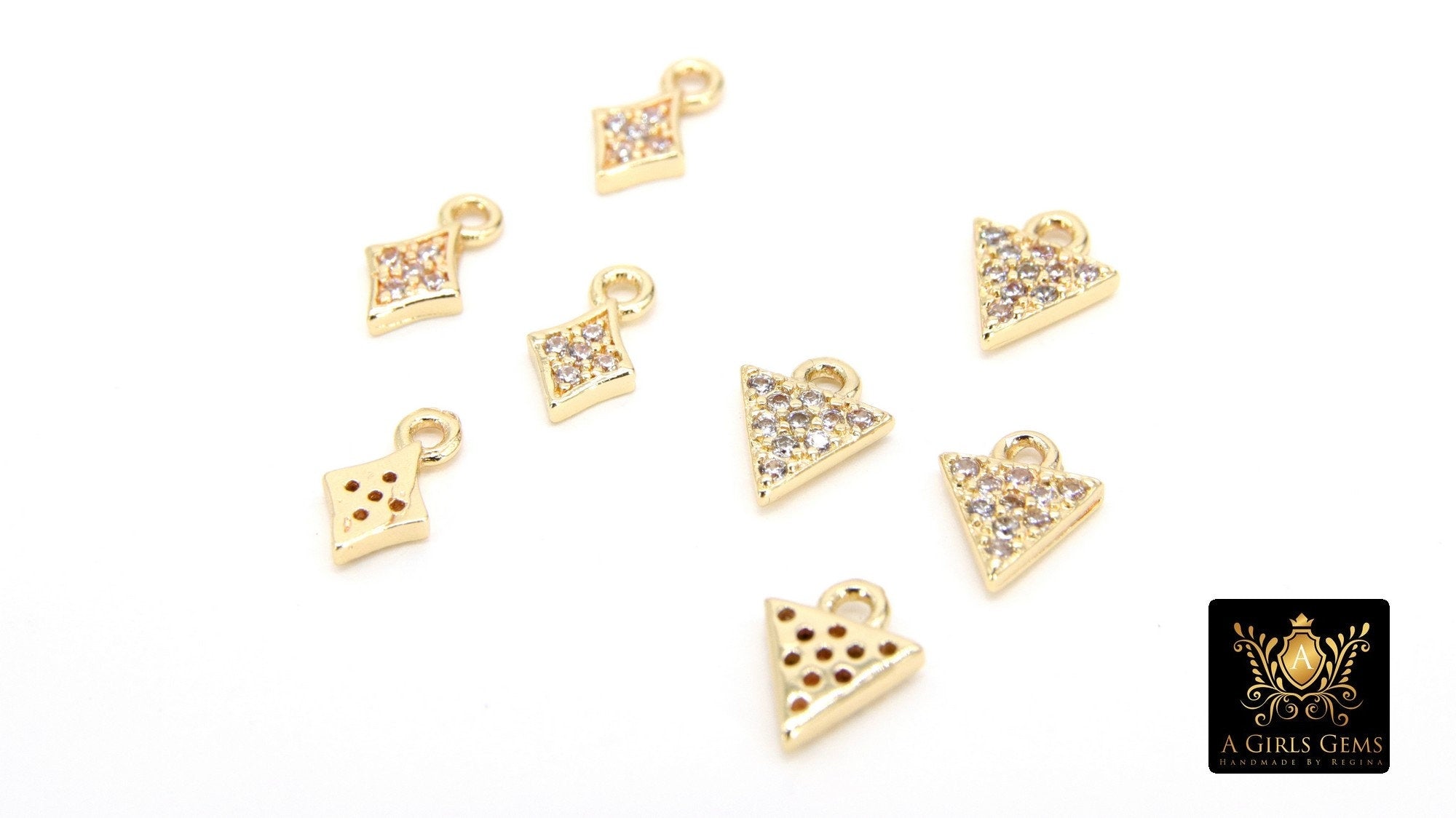 CZ Pave Gold Triangle Charms, 2 Pcs Tiny Diamond Shape Charms #122, Tiny Gold Plated 8 mm Minimalist Charms