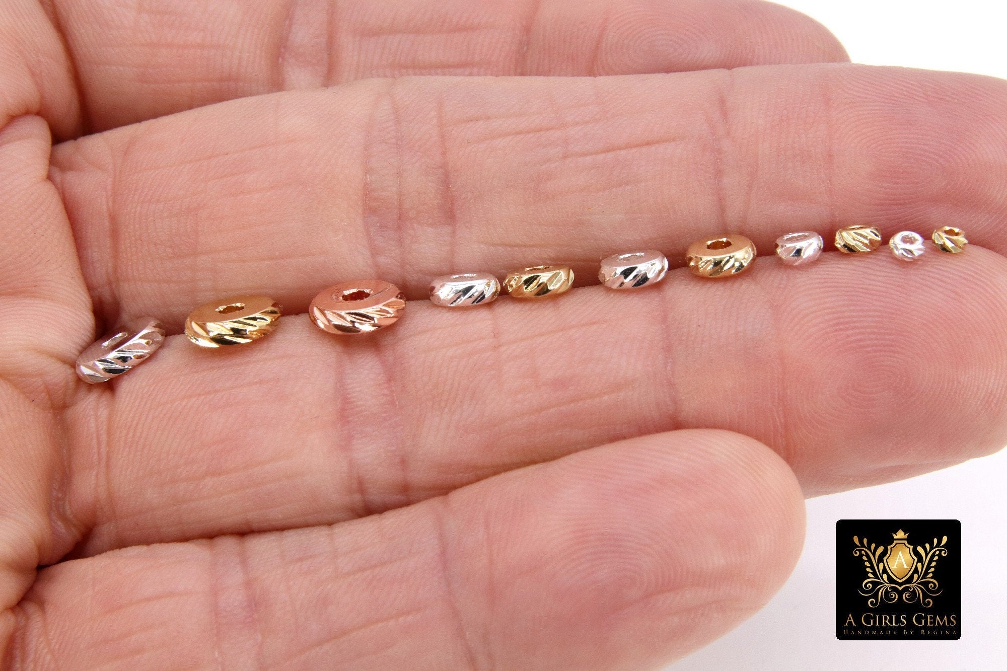 Rose Gold Rondelle Spacer Beads, 3/4/6/8 mm Round Discs, 20 pcs Silver Textured Diamond Cut Donut