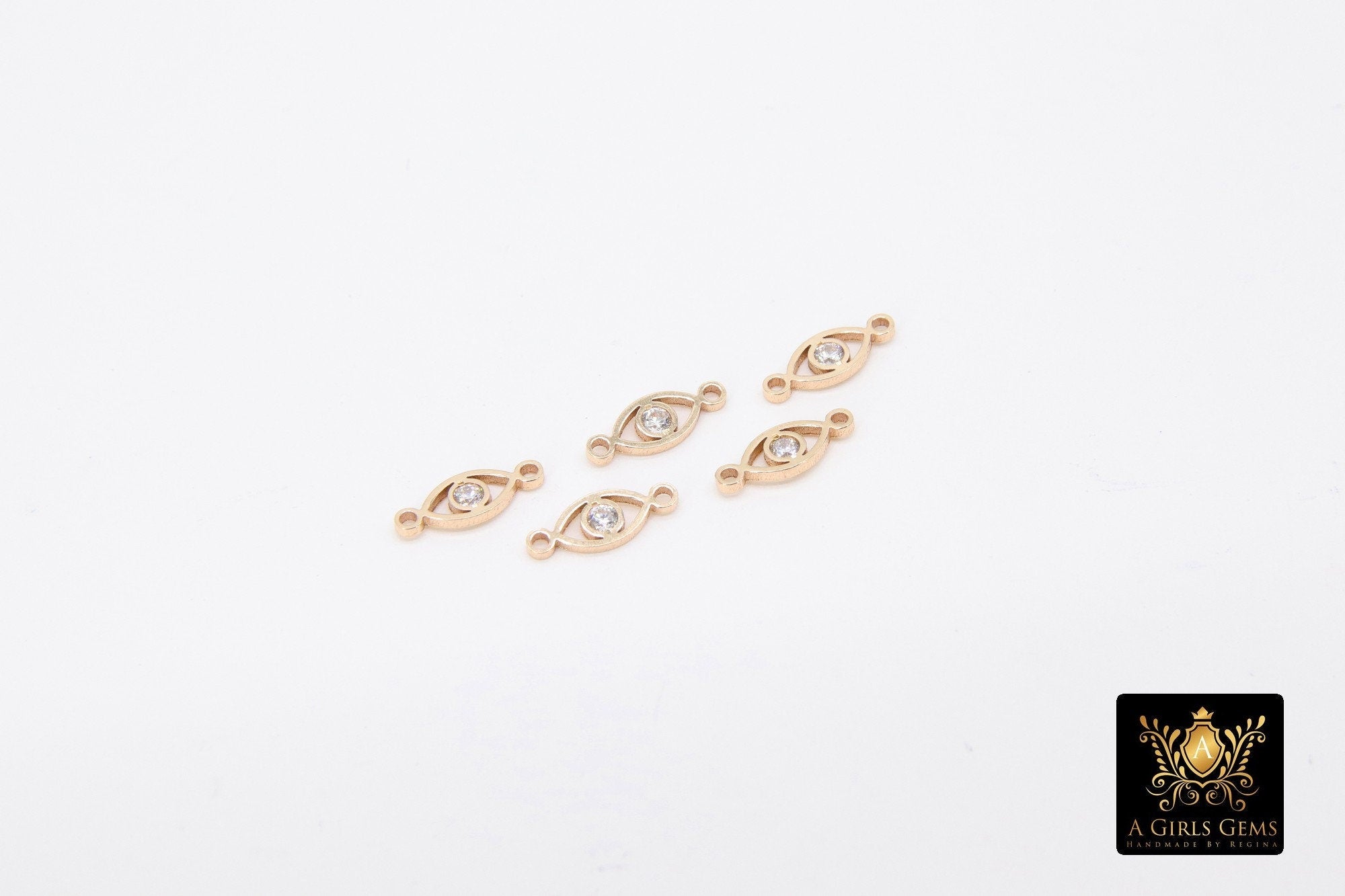 14 K Gold Filled Evil Eye Connector, CZ Micro Pave Evil Eyes Link #3453, Tiny Minimalist Permanent Jewelry, 3 x 9 mm