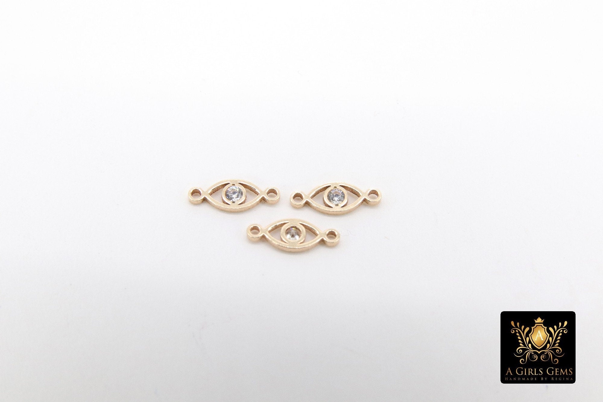 14 K Gold Filled Evil Eye Connector, CZ Micro Pave Evil Eyes Link #3453, Tiny Minimalist Permanent Jewelry, 3 x 9 mm