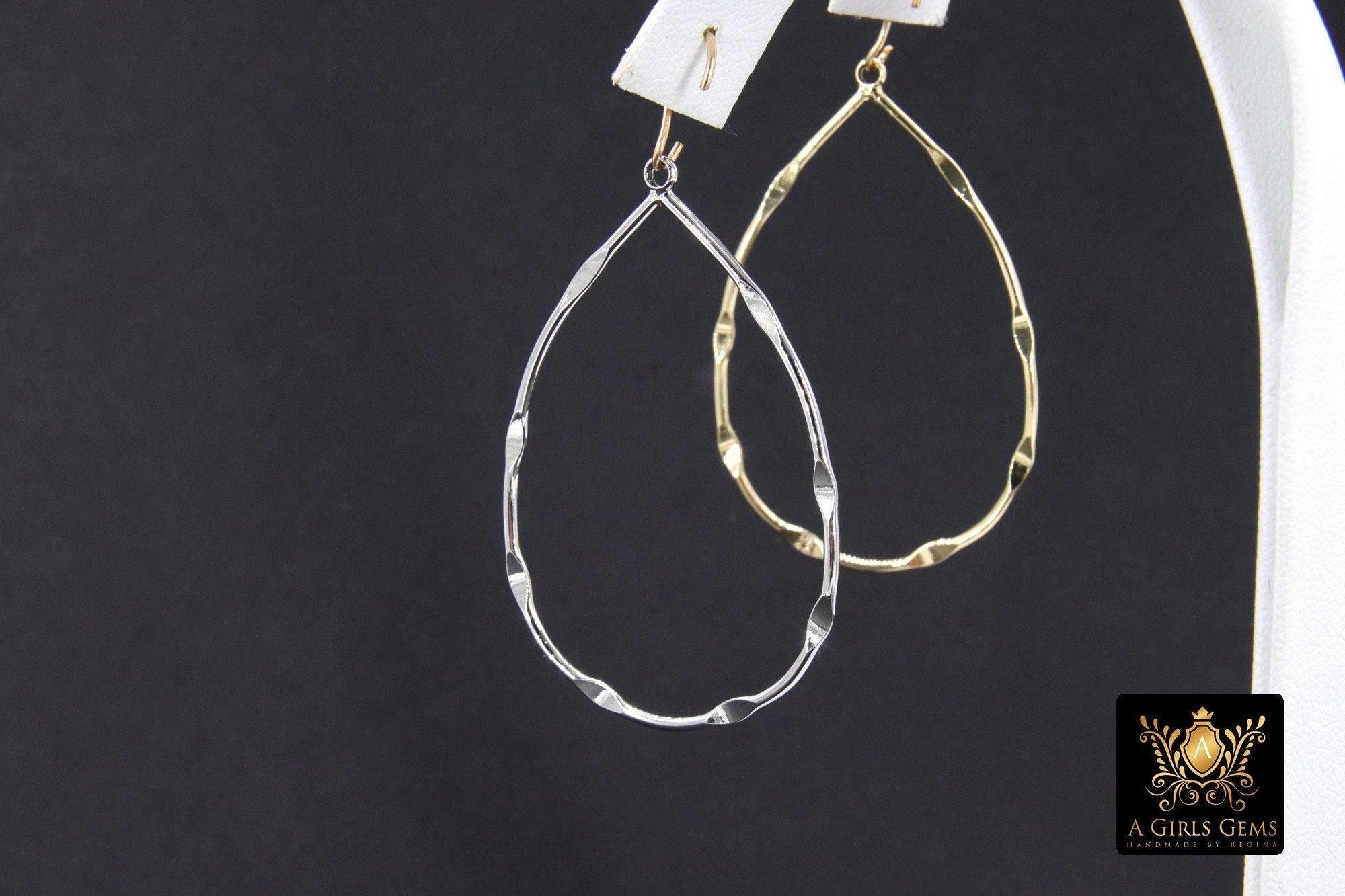 Dapped Gold Teardrop Hoop Ear Rings, 29 x 45 mm Textured Silver Charms AG #3333, Oval Hoops High Quality Light Weight Wire Hoops Finding