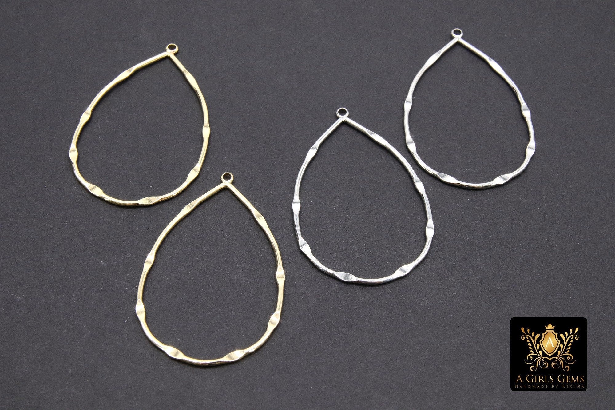 Dapped Gold Teardrop Hoop Ear Rings, 29 x 45 mm Textured Silver Charms AG #3333, Oval Hoops High Quality Light Weight Wire Hoops Finding