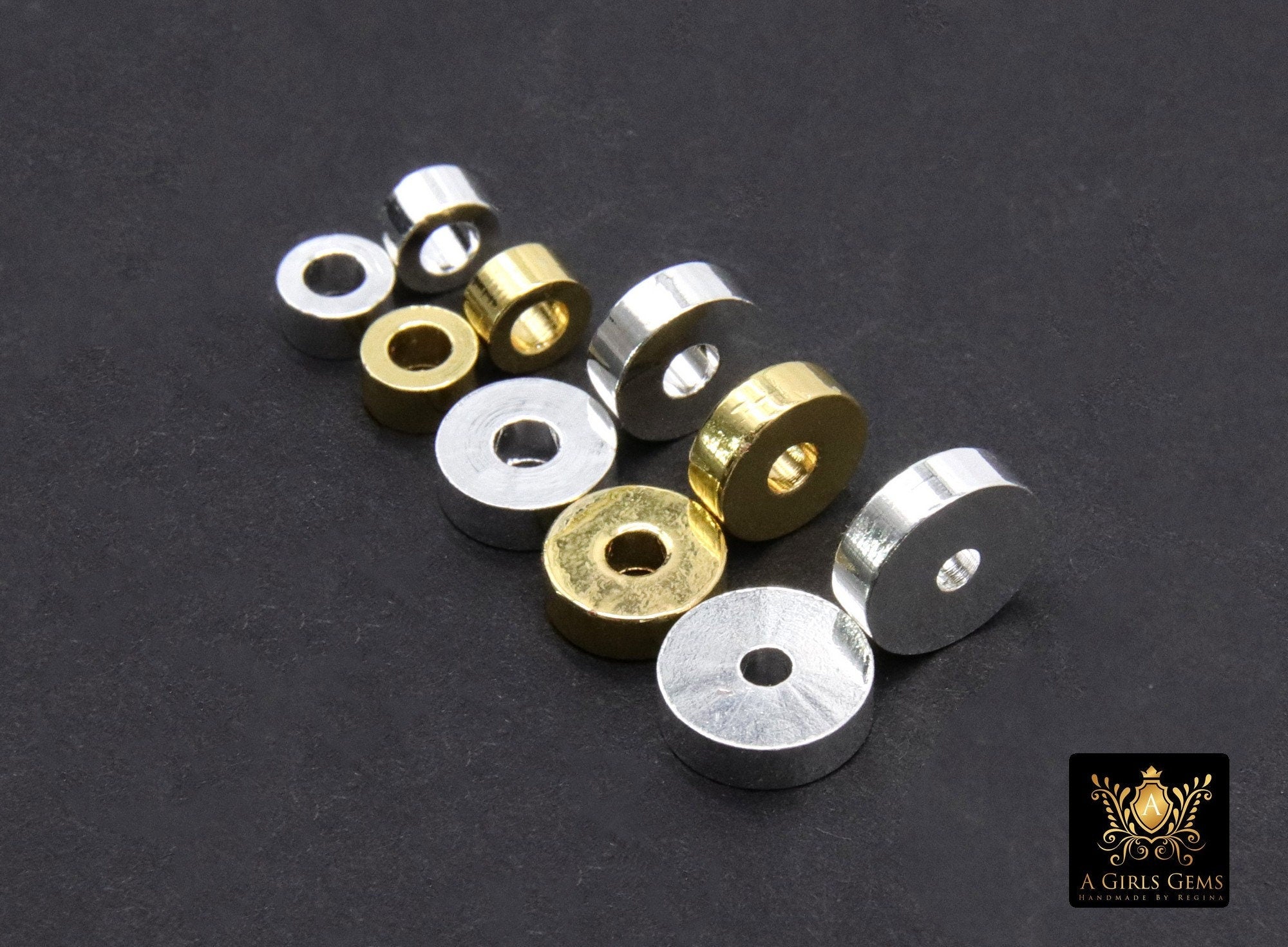 Gold Drum Beads, 4 mm 6 mm or 8 mm Washer Bead #15, Short Round Bright Silver Rondelle Cylinder