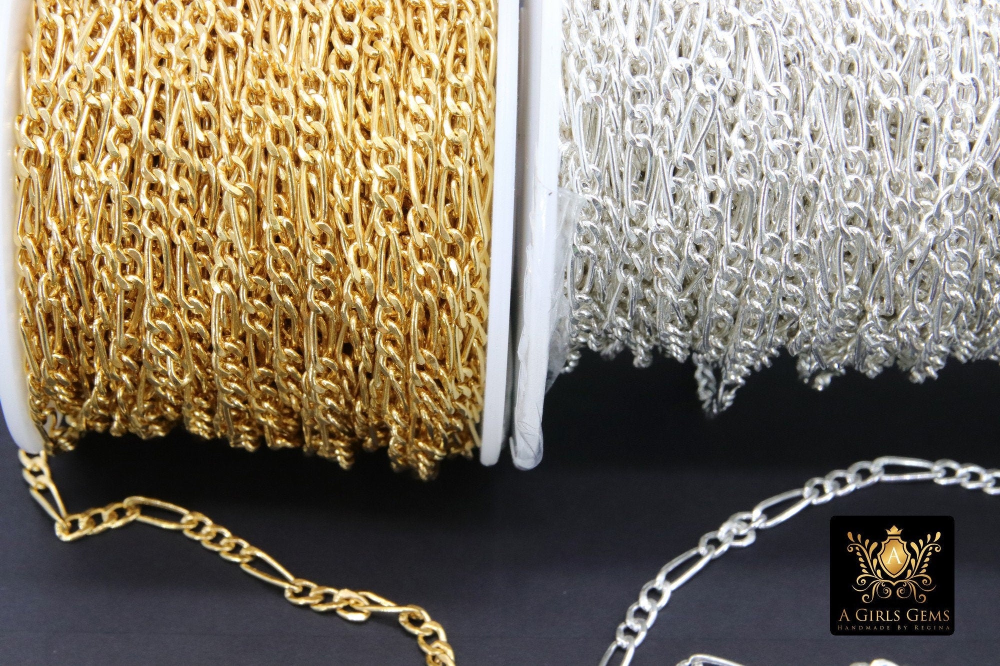 14 K Gold Filled Figaro Chains, 925 Sterling Silver 3.8 mm Large Unfinished Chain Link CH #774, Paperclip Long and Short Rolo CH #870