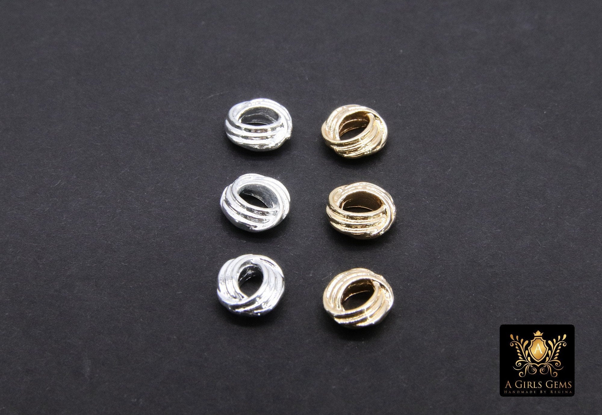 Gold Twist Spacer Beads, 6 mm Round Silver Soldered Jump Rings #3475, Fancy Bumpy Bright Silver Ring Twist