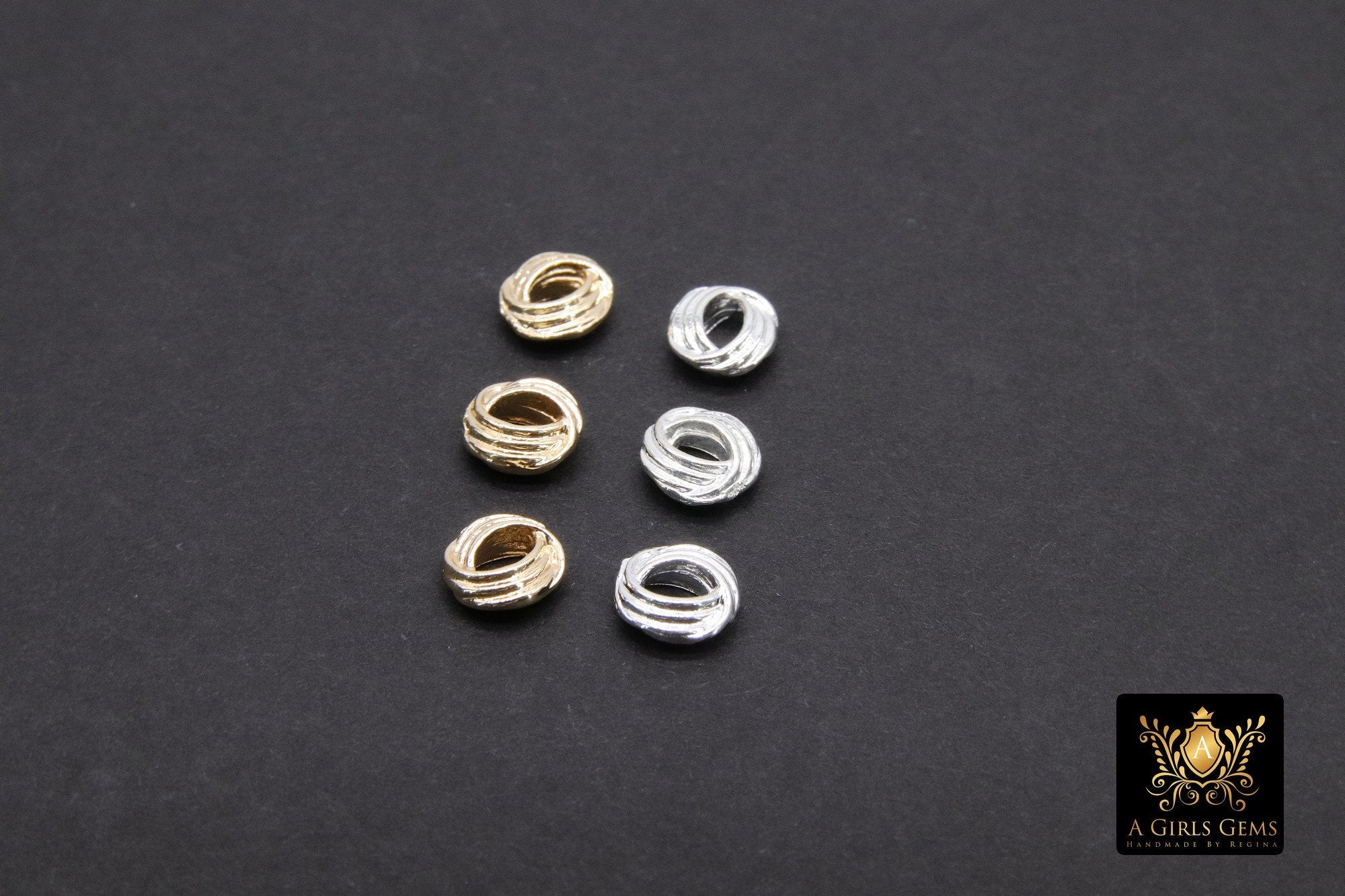Gold Twist Spacer Beads, 6 mm Round Silver Soldered Jump Rings #3475, Fancy Bumpy Bright Silver Ring Twist