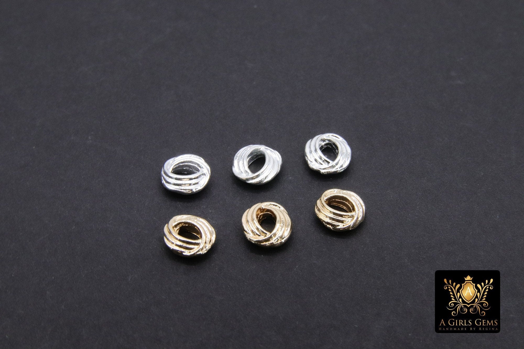 Gold Twist Spacer Beads, 6 mm Round Silver Soldered Jump Rings #3475, Fancy Bumpy Bright Silver Ring Twist
