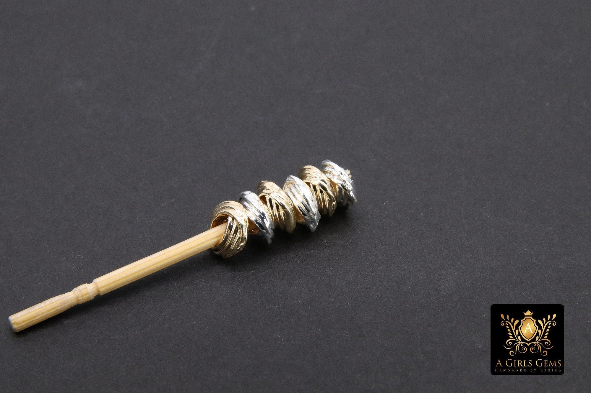 Gold Twist Spacer Beads, 6 mm Round Silver Soldered Jump Rings #3475, Fancy Bumpy Bright Silver Ring Twist