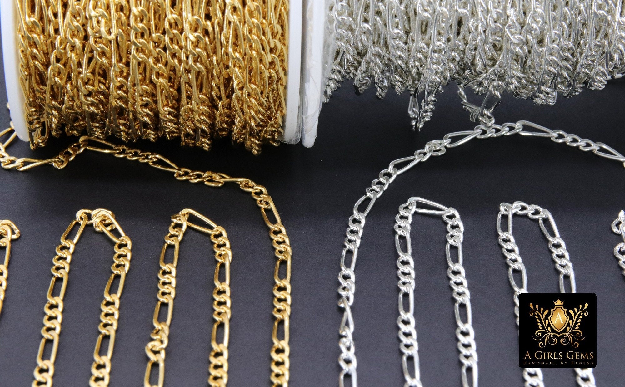 14 K Gold Filled Figaro Chains, 925 Sterling Silver 3.8 mm Large Unfinished Chain Link CH #774, Paperclip Long and Short Rolo CH #870