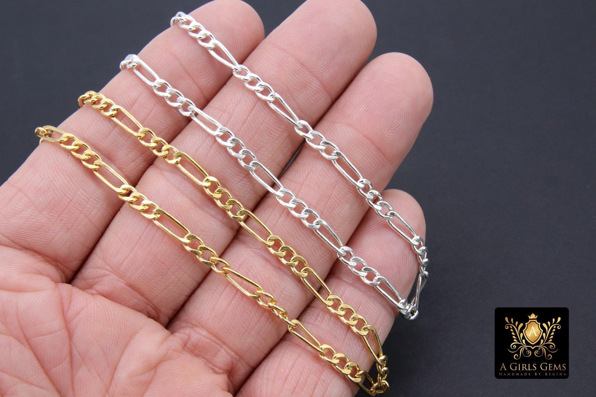 14 K Gold Filled Figaro Chains, 925 Sterling Silver 3.8 mm Large Unfinished Chain Link CH #774, Paperclip Long and Short Rolo CH #870