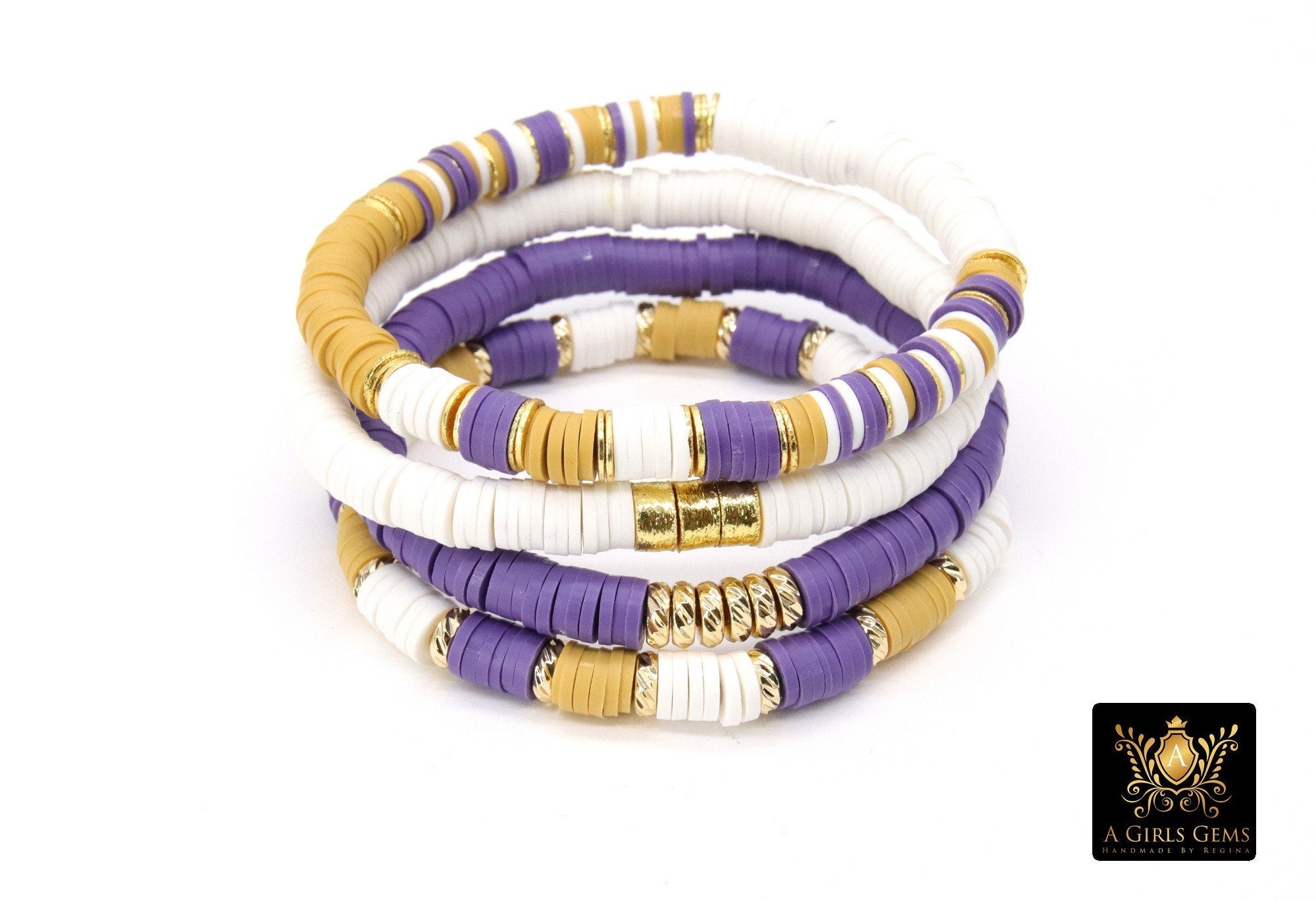 LSU Heishi Beaded Bracelet, 6 mm Purple White Gold Stretchy Bracelet #795, Rondelle Heishi Tigers Mom Team Spirit Clay Beaded Bangles
