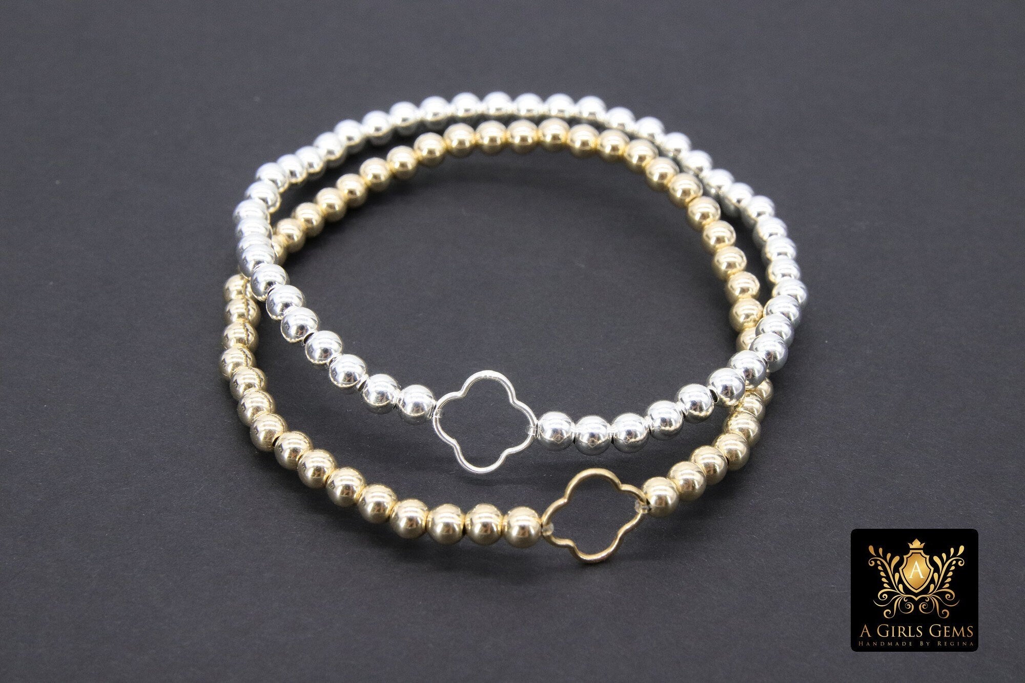 14K Gold Filled Beaded Clover Bracelet, 925 Sterling Silver 3 or 4 mm Stretchy Women's Bangle, Quatrefoil Charm Stacking Bracelet