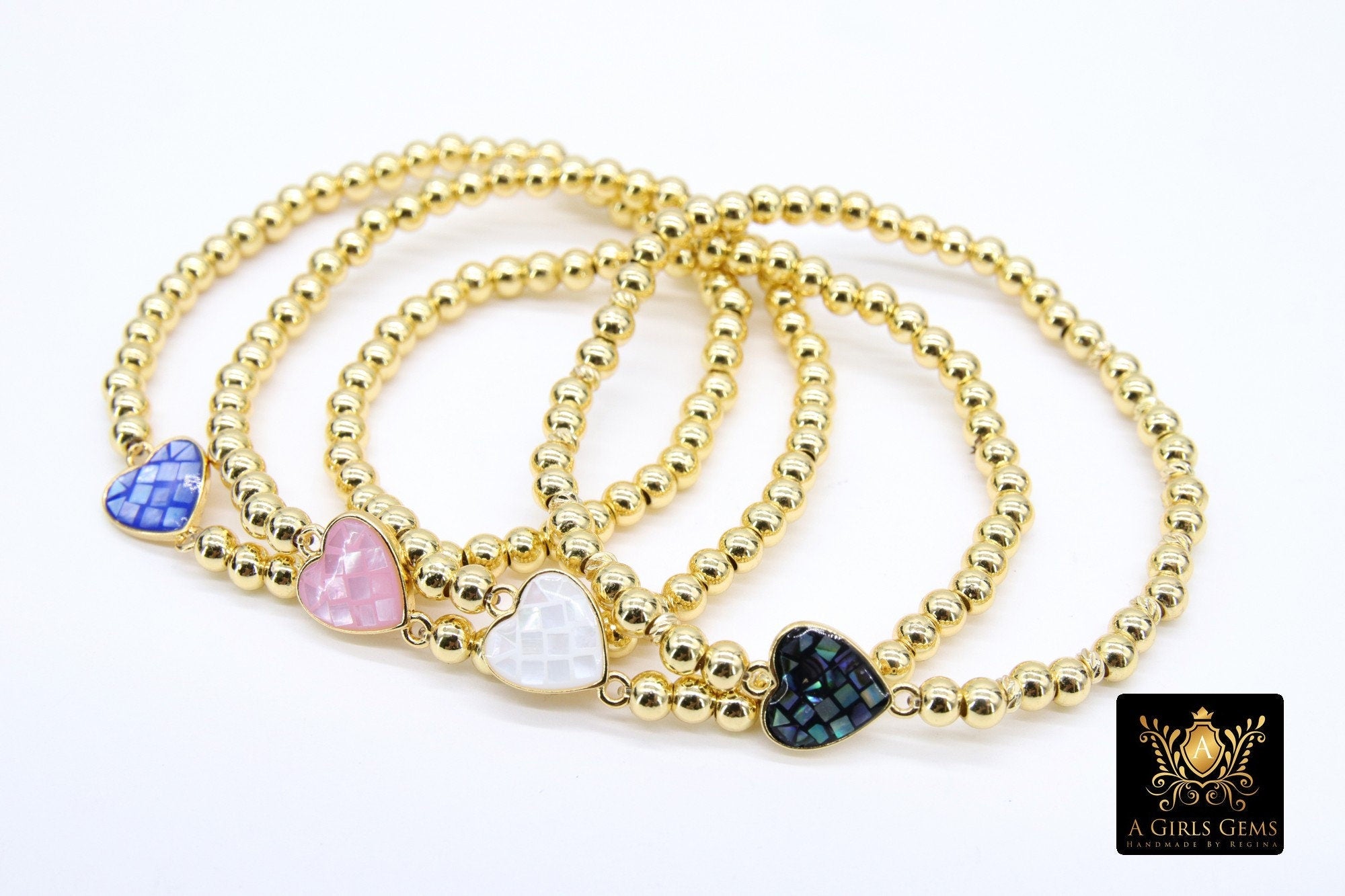 Shell Heart Beaded Bracelet, 6 mm Blue Pink Gold Stretchy Bracelet #795, White or Black Charm Bracelet