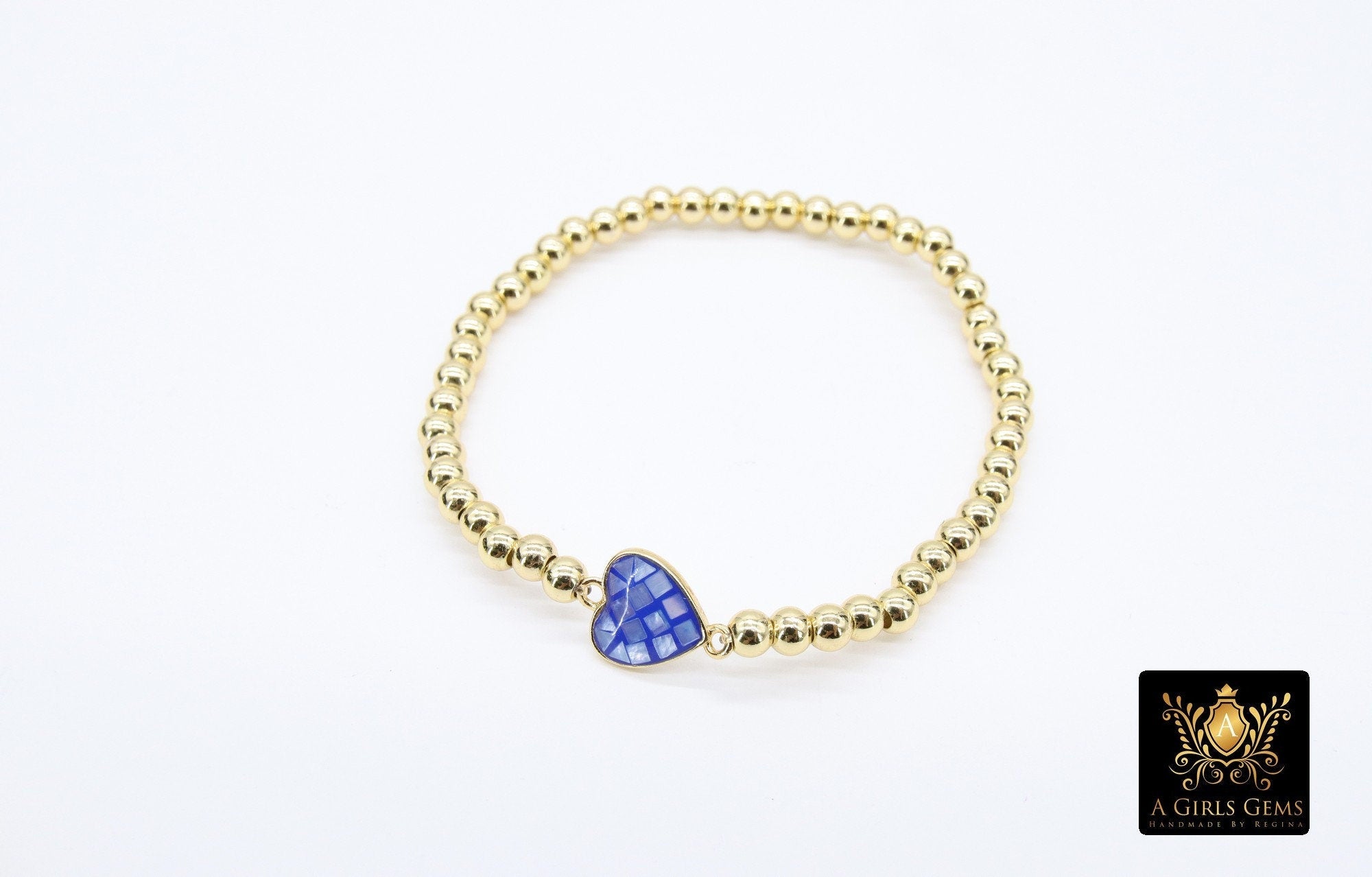 Shell Heart Beaded Bracelet, 6 mm Blue Pink Gold Stretchy Bracelet #795, White or Black Charm Bracelet