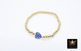 Shell Heart Beaded Bracelet, 6 mm Blue Pink Gold Stretchy Bracelet #795, White or Black Charm Bracelet