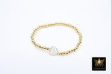 Shell Heart Beaded Bracelet, 6 mm Blue Pink Gold Stretchy Bracelet #795, White or Black Charm Bracelet
