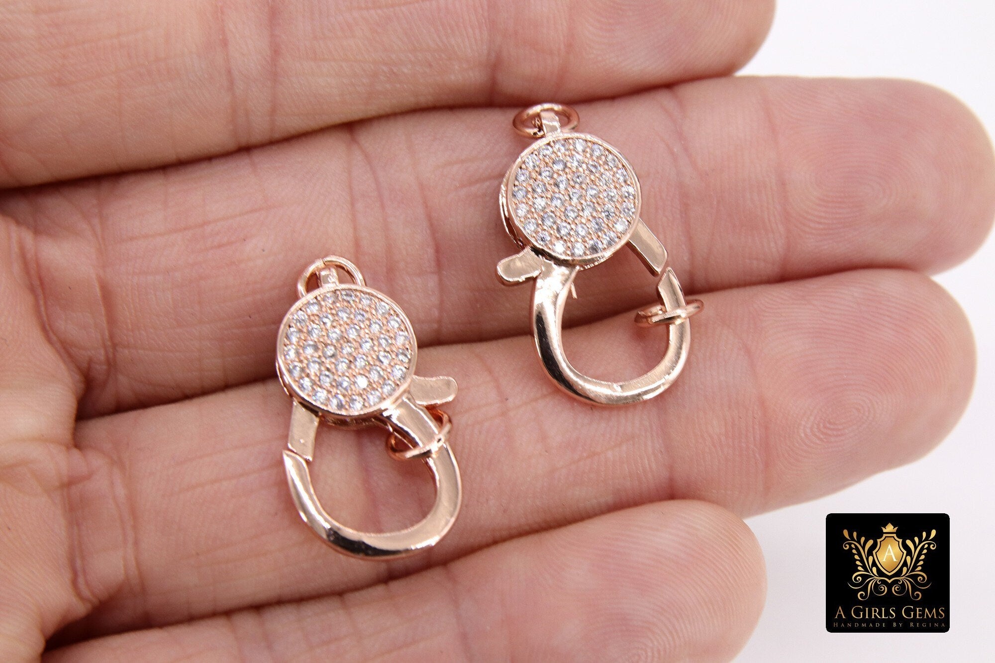Rose Gold CZ Micro Pave Lobster Clasps, Clear Cubic Zirconia Lobster Claws #40, Rose Gold 14 x 25 mm Clasp