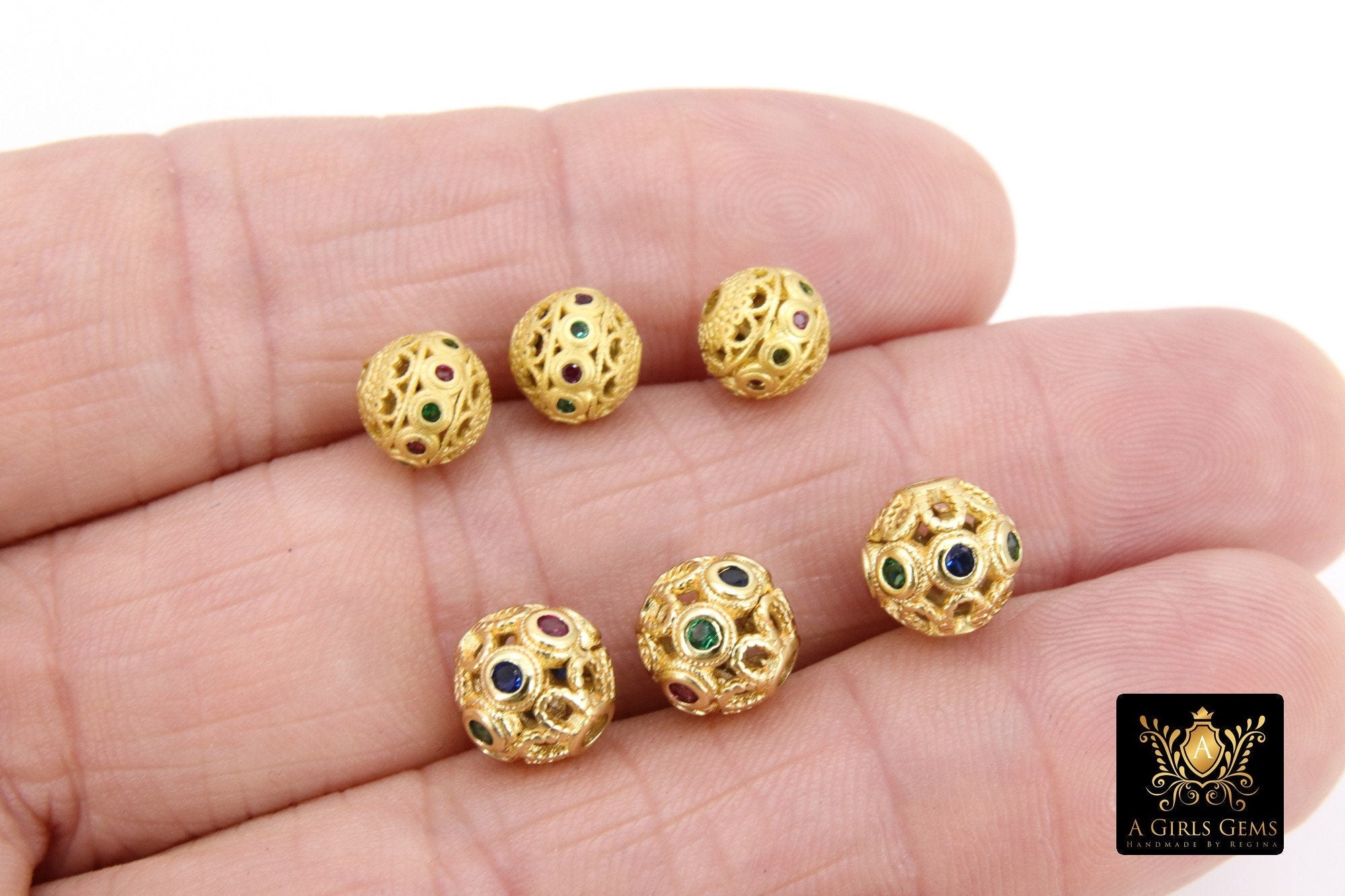 CZ Pave Gold Round Filigree Beads, 2 Pc Patterned Silver Metal Beads AG #3336,0 Round High Quality 8 mm Focal Beads, Jewelry Findings