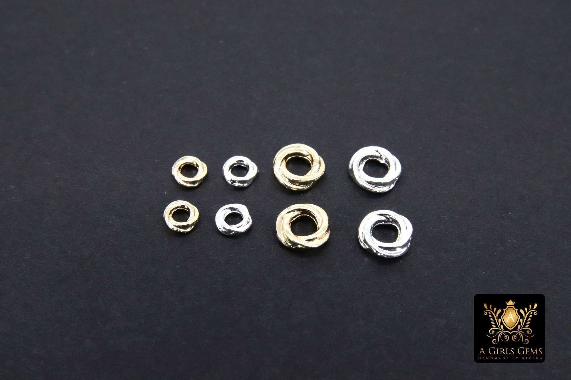 Gold Twist Spacer Beads, 4 mm Or 6 mm Round Silver Knot Rings #3490, Fancy Bumpy Bright Silver Metal Ring Twist