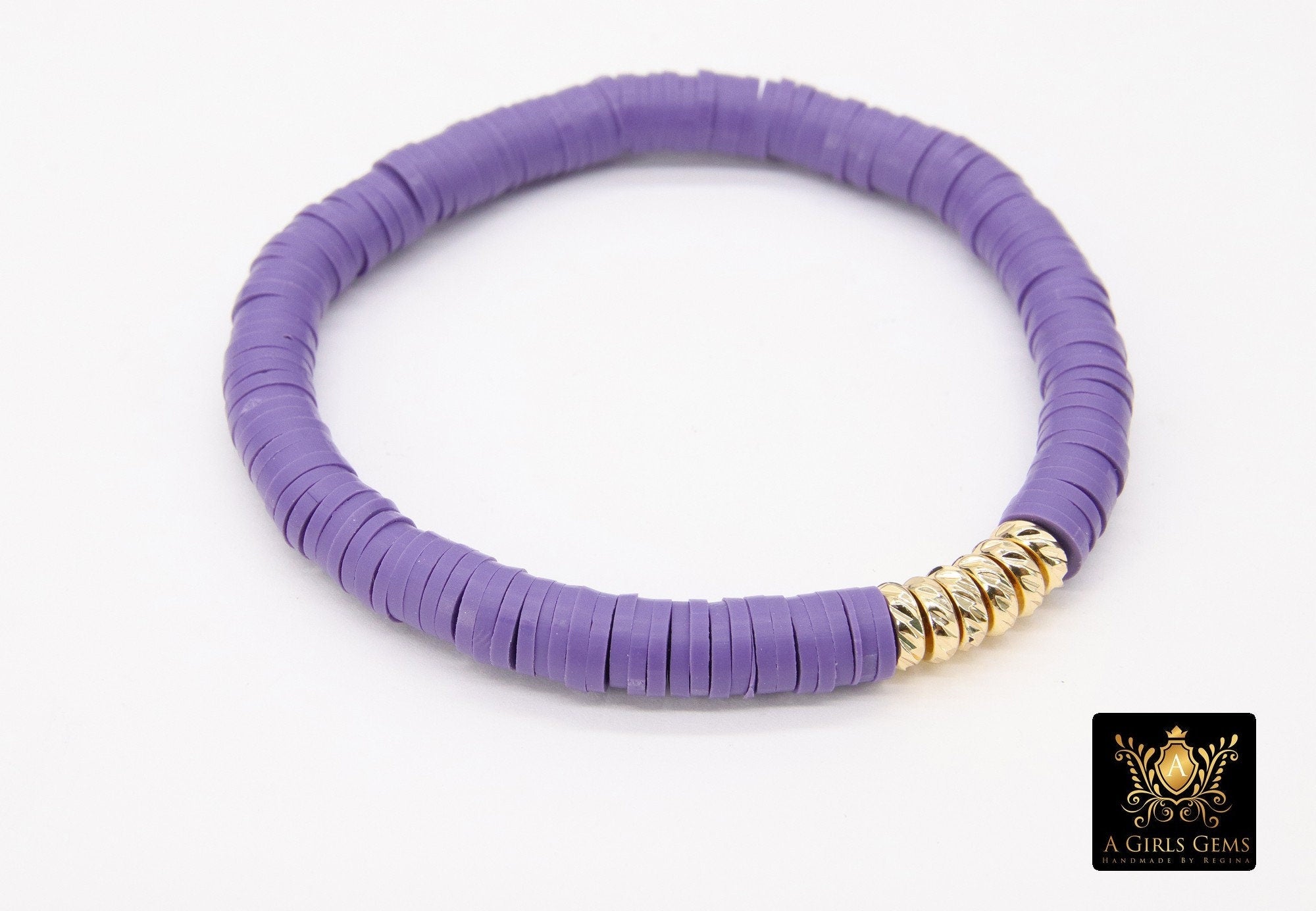 LSU Heishi Beaded Bracelet, 6 mm Purple White Gold Stretchy Bracelet #795, Rondelle Heishi Tigers Mom Team Spirit Clay Beaded Bangles