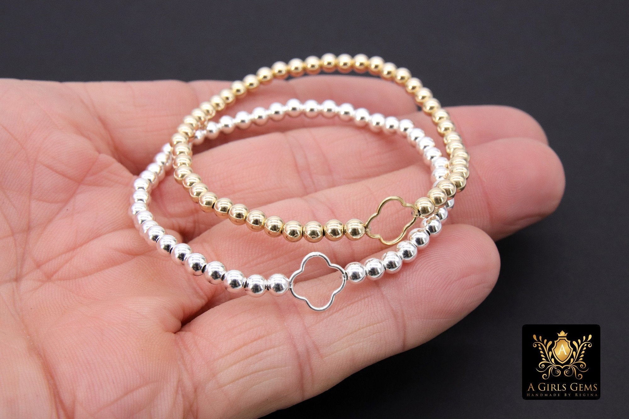 14K Gold Filled Beaded Clover Bracelet, 925 Sterling Silver 3 or 4 mm Stretchy Women's Bangle, Quatrefoil Charm Stacking Bracelet