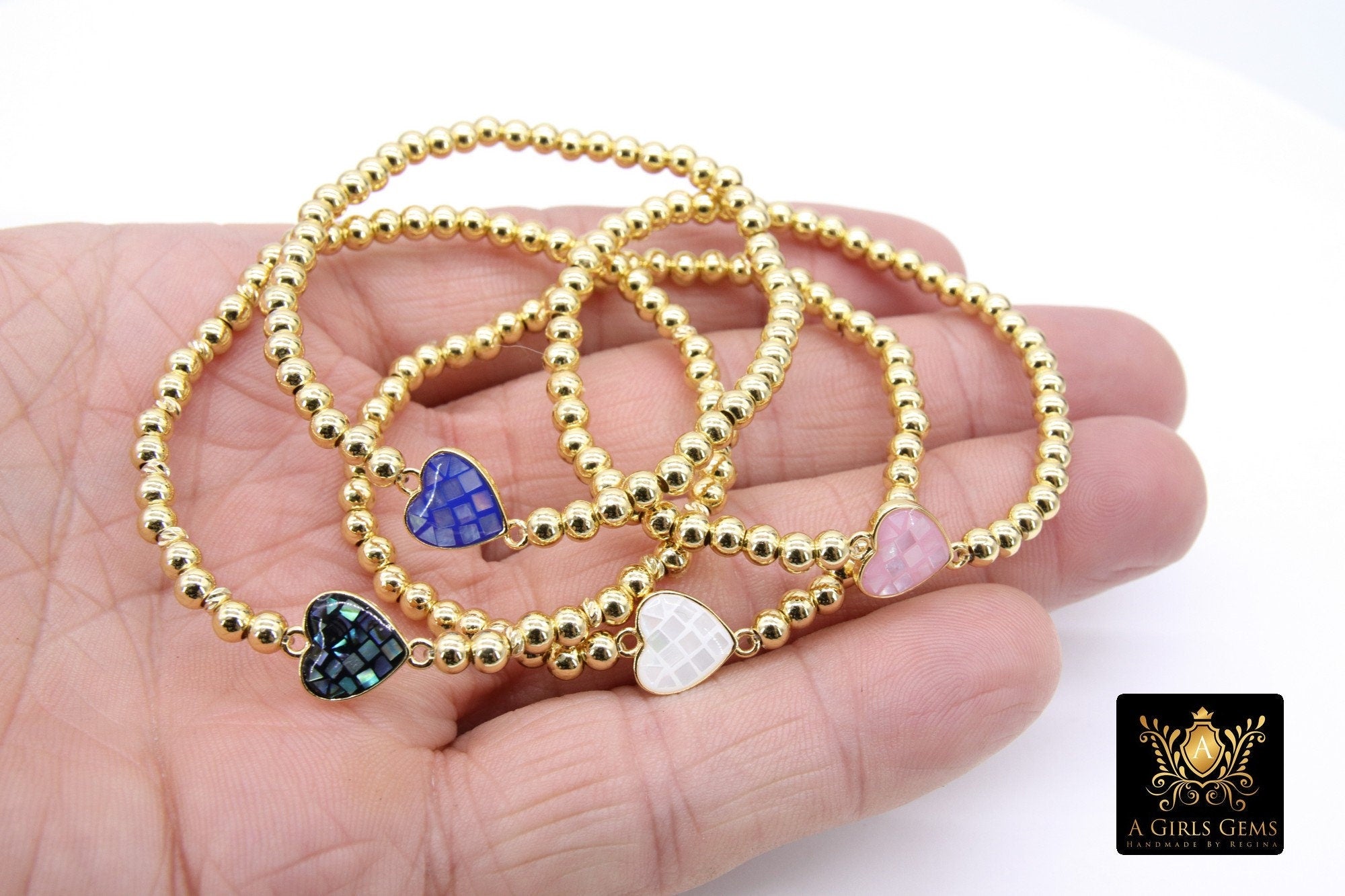 Shell Heart Beaded Bracelet, 6 mm Blue Pink Gold Stretchy Bracelet #795, White or Black Charm Bracelet