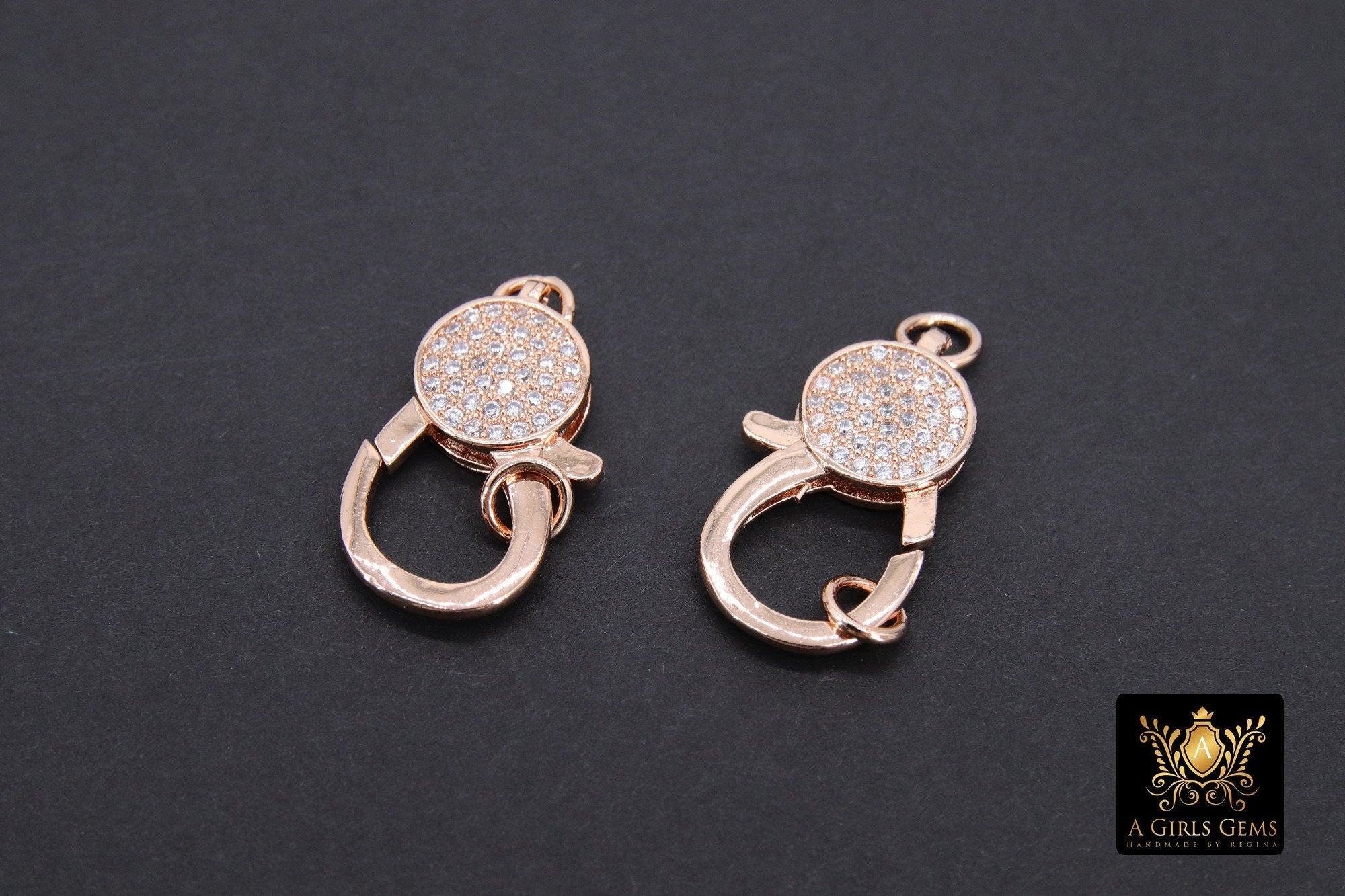 Rose Gold CZ Micro Pave Lobster Clasps, Clear Cubic Zirconia Lobster Claws #40, Rose Gold 14 x 25 mm Clasp