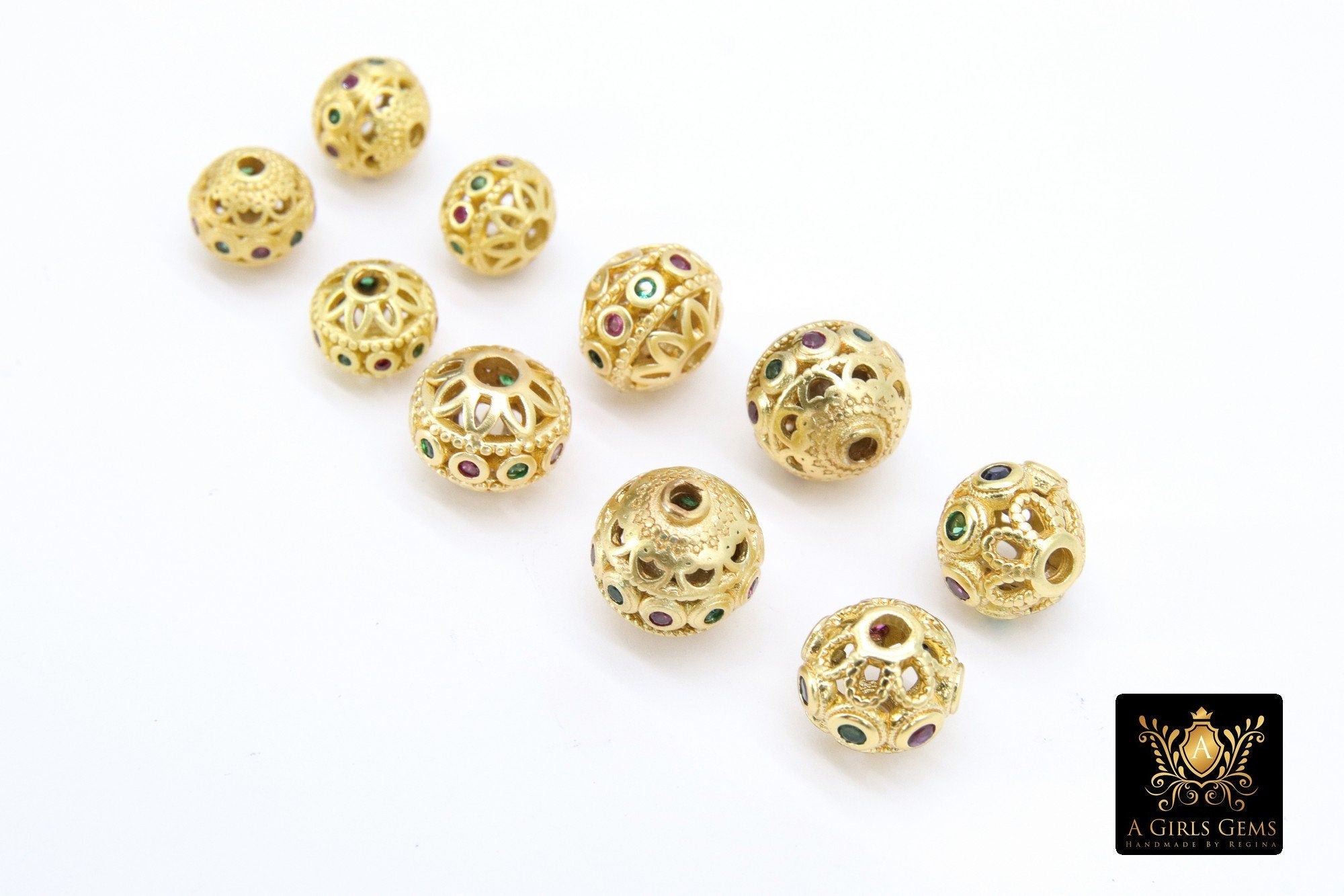 CZ Pave Gold Round Filigree Beads, 2 Pc Patterned Silver Metal Beads AG #3336,0 Round High Quality 8 mm Focal Beads, Jewelry Findings